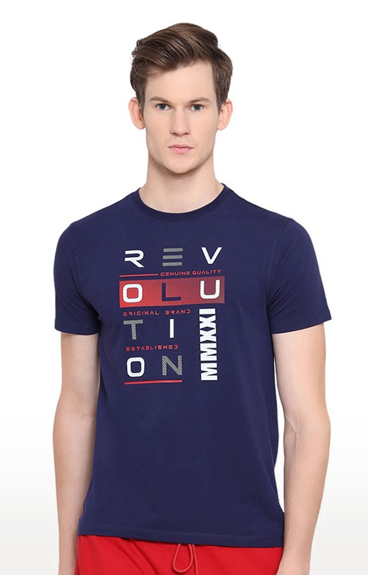 Am Swan | Men's Blue Cotton Blend Typographic Printed Regular T-Shirt