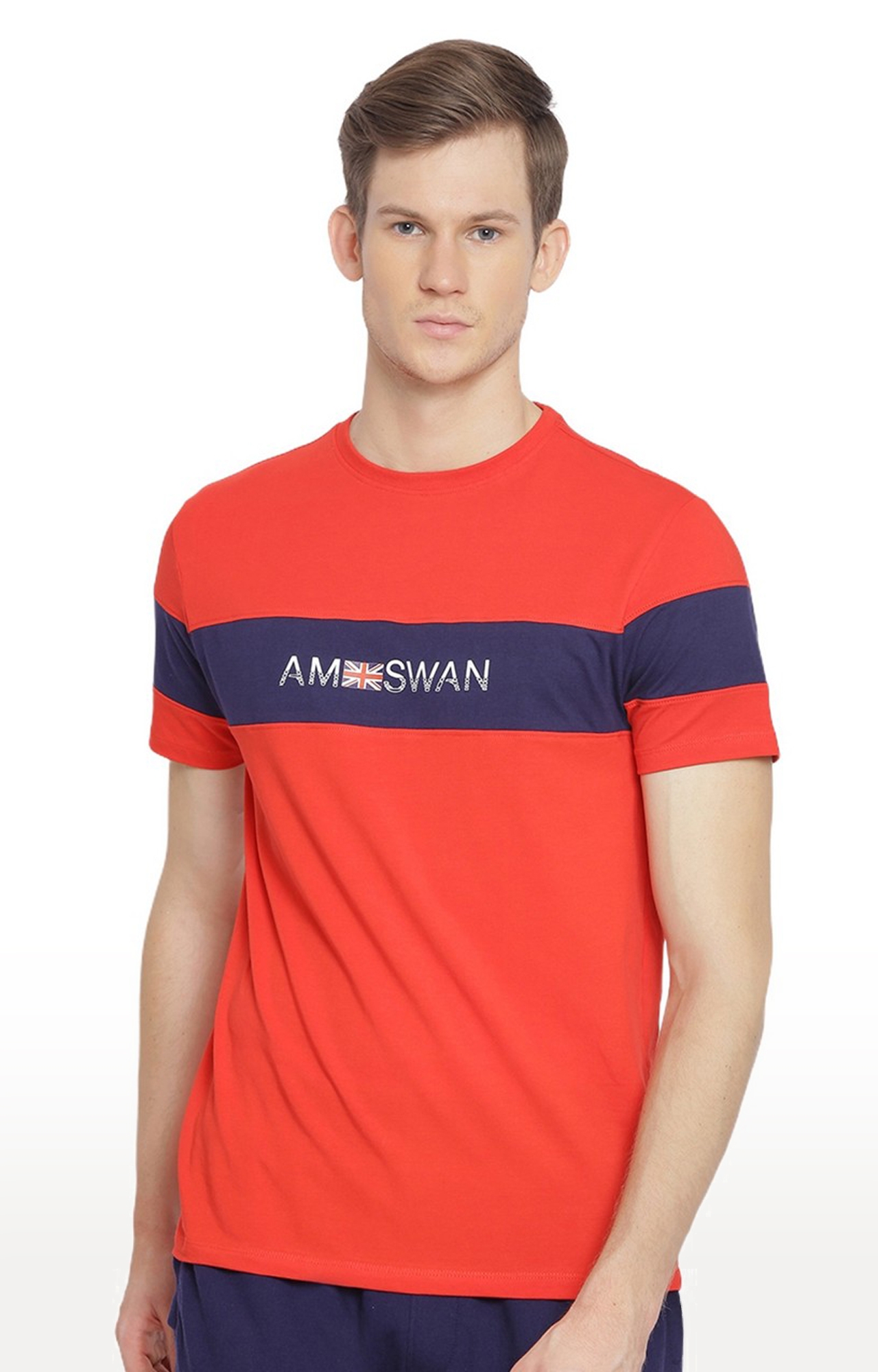 Am Swan | Men's Red Cotton Blend Colourblock Regular T-Shirt
