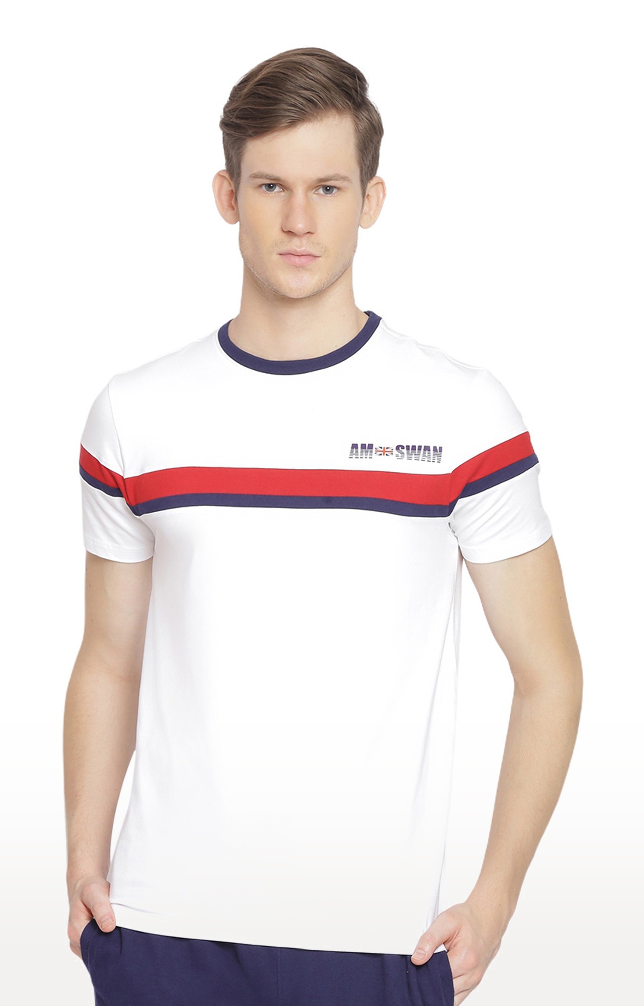 Am Swan | Men's White Cotton Blend Striped Regular T-Shirt