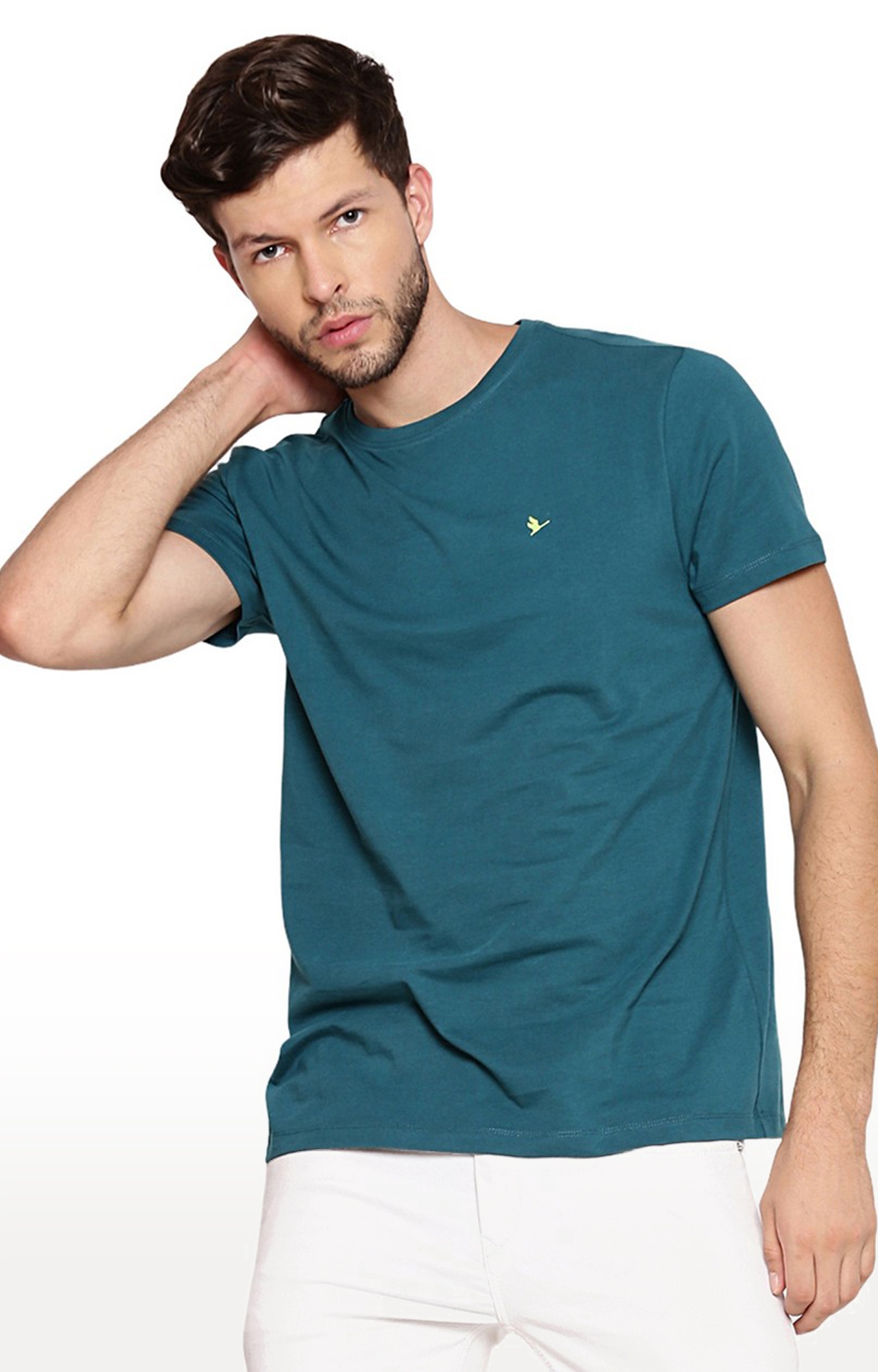 Men's Green Cotton Blend Solid Regular T-Shirt