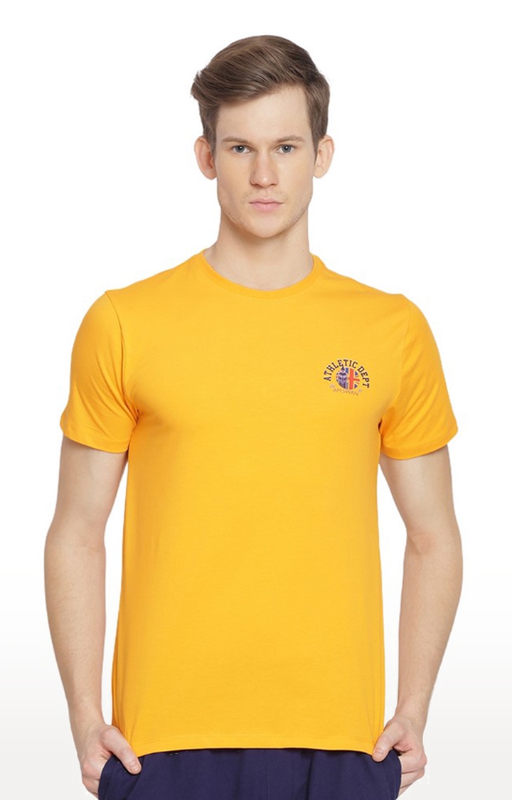 Men's Yellow Cotton Blend Solid Regular T-Shirt