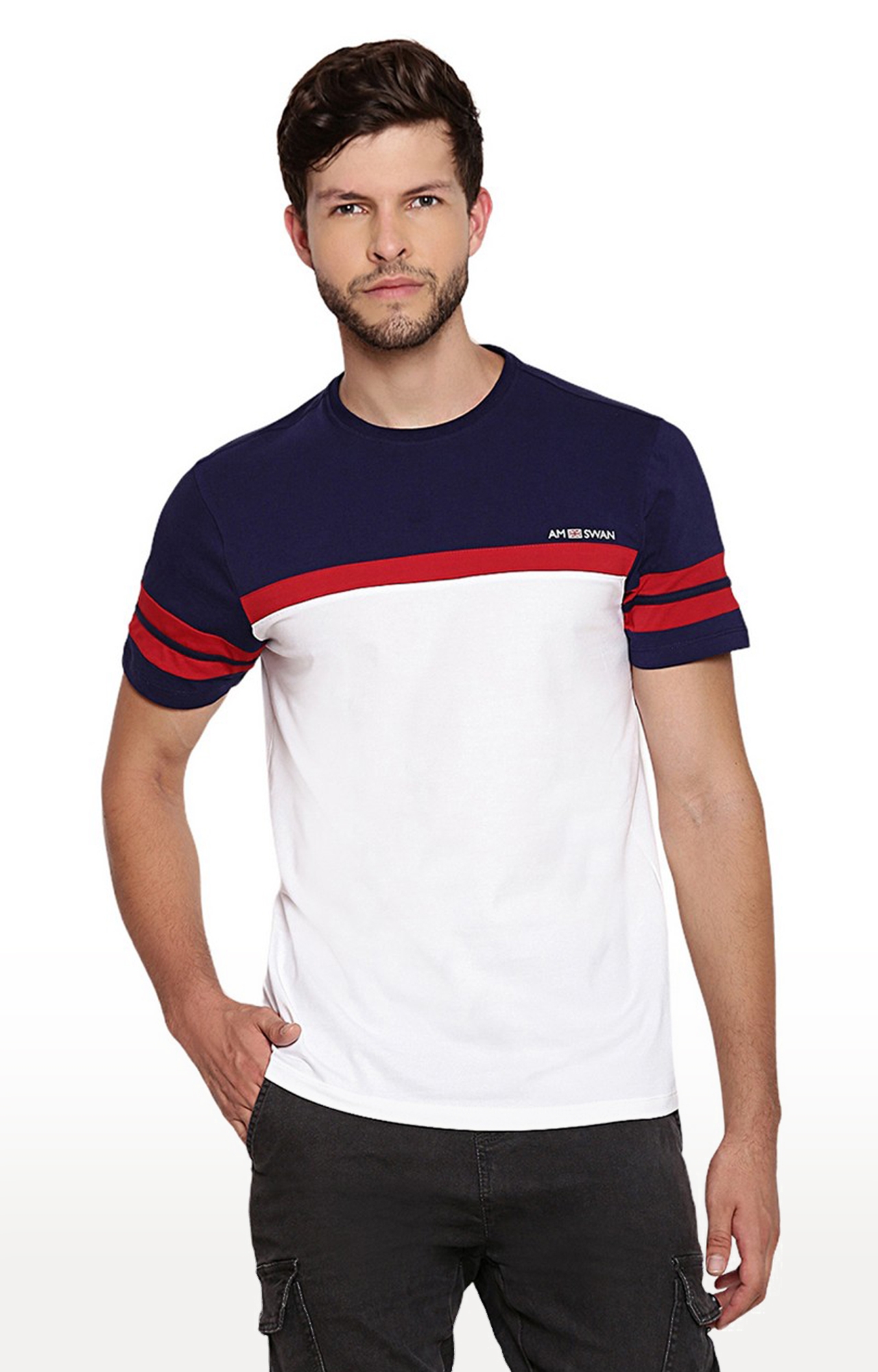 Am Swan | Men's White and Blue Cotton Blend Colourblock Regular T-Shirt