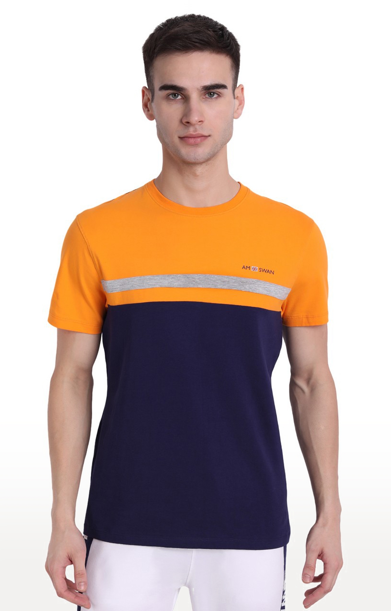 Men's Blue and Orange Cotton Blend Colourblock Regular T-Shirt