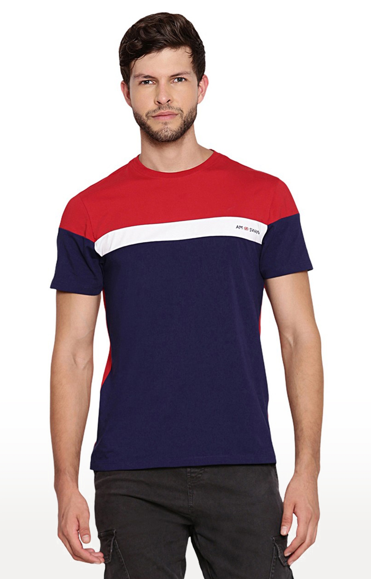 Men's Blue and Red Cotton Blend Colourblock Regular T-Shirt