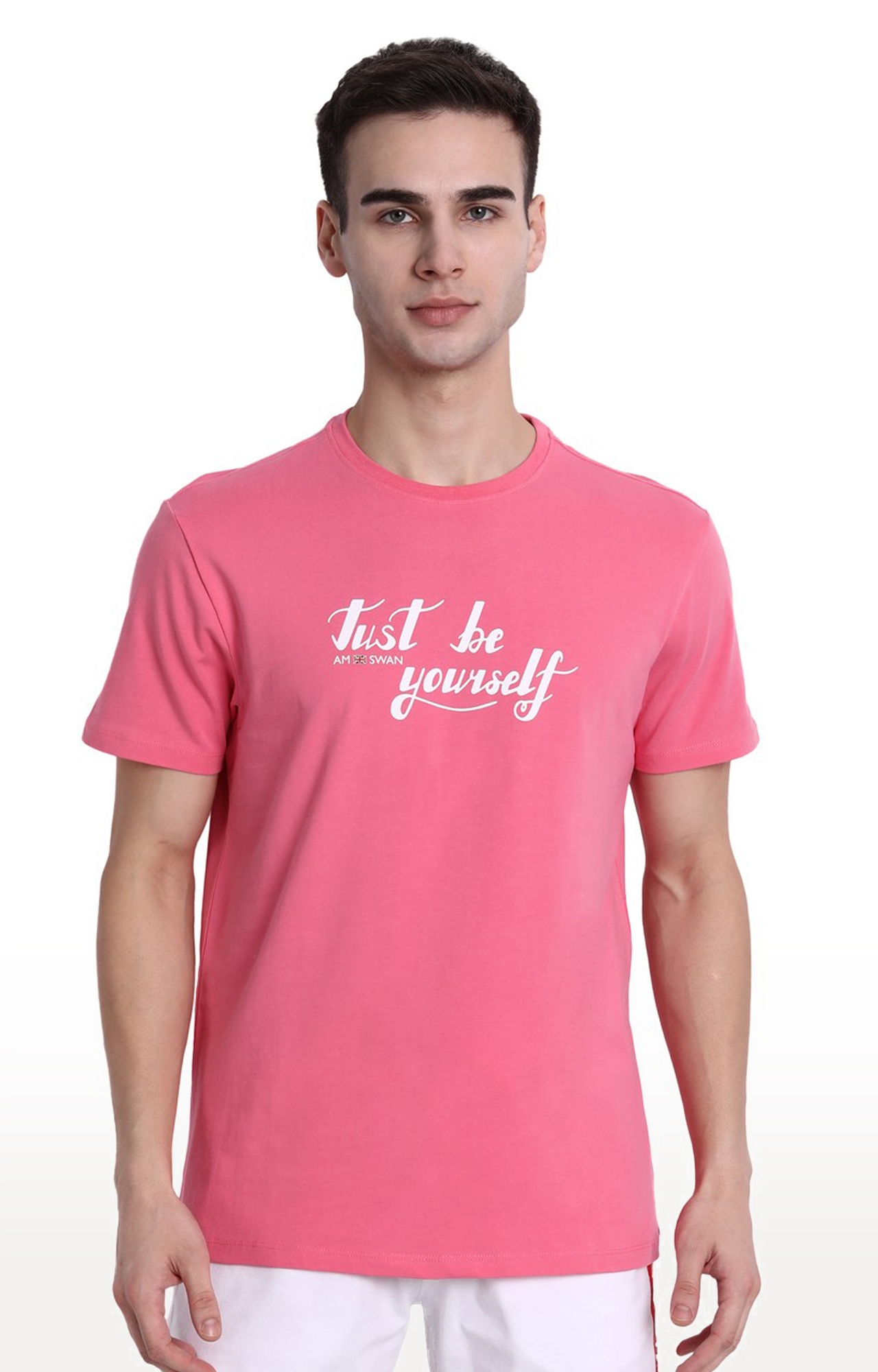 Men's Pink Cotton Blend Typographic Printed Regular T-Shirt