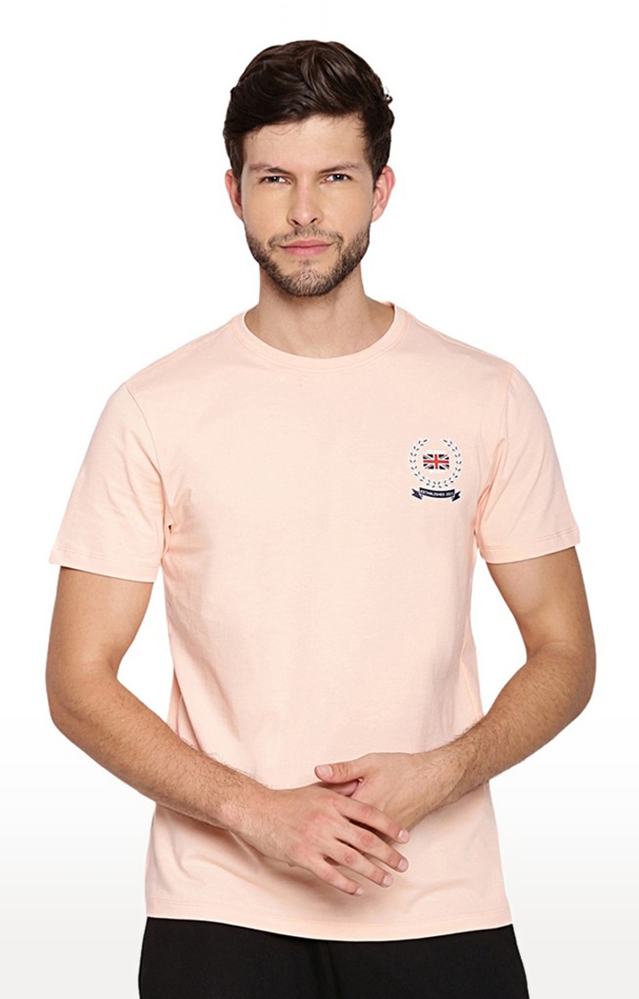 Men's Peach Pink Cotton Blend Solid Regular T-Shirt