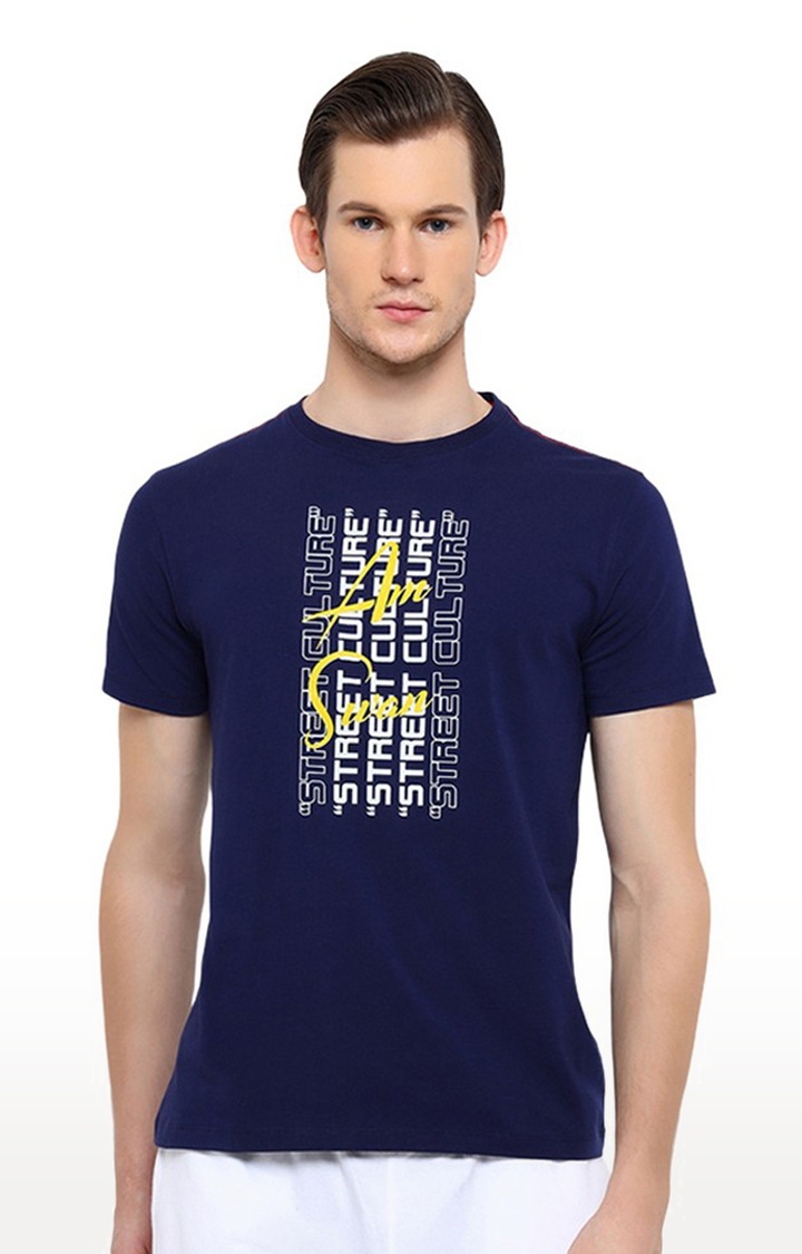 Men's Blue Cotton Blend Typographic Printed Regular T-Shirt