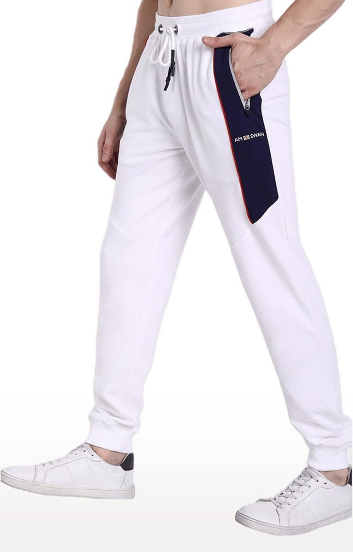 Men's White Cotton Blend Solid Activewear Jogger