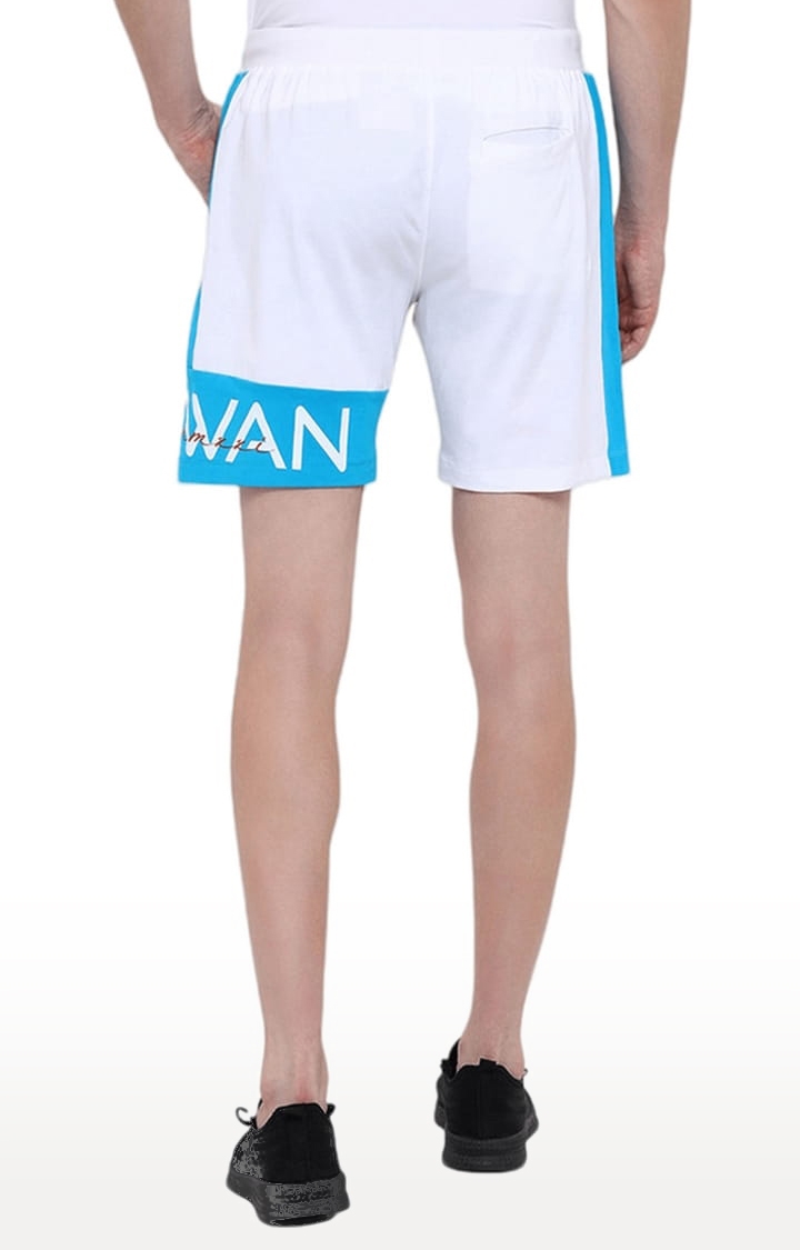 Men's White and Blue Cotton Blend Printed Activewear Shorts