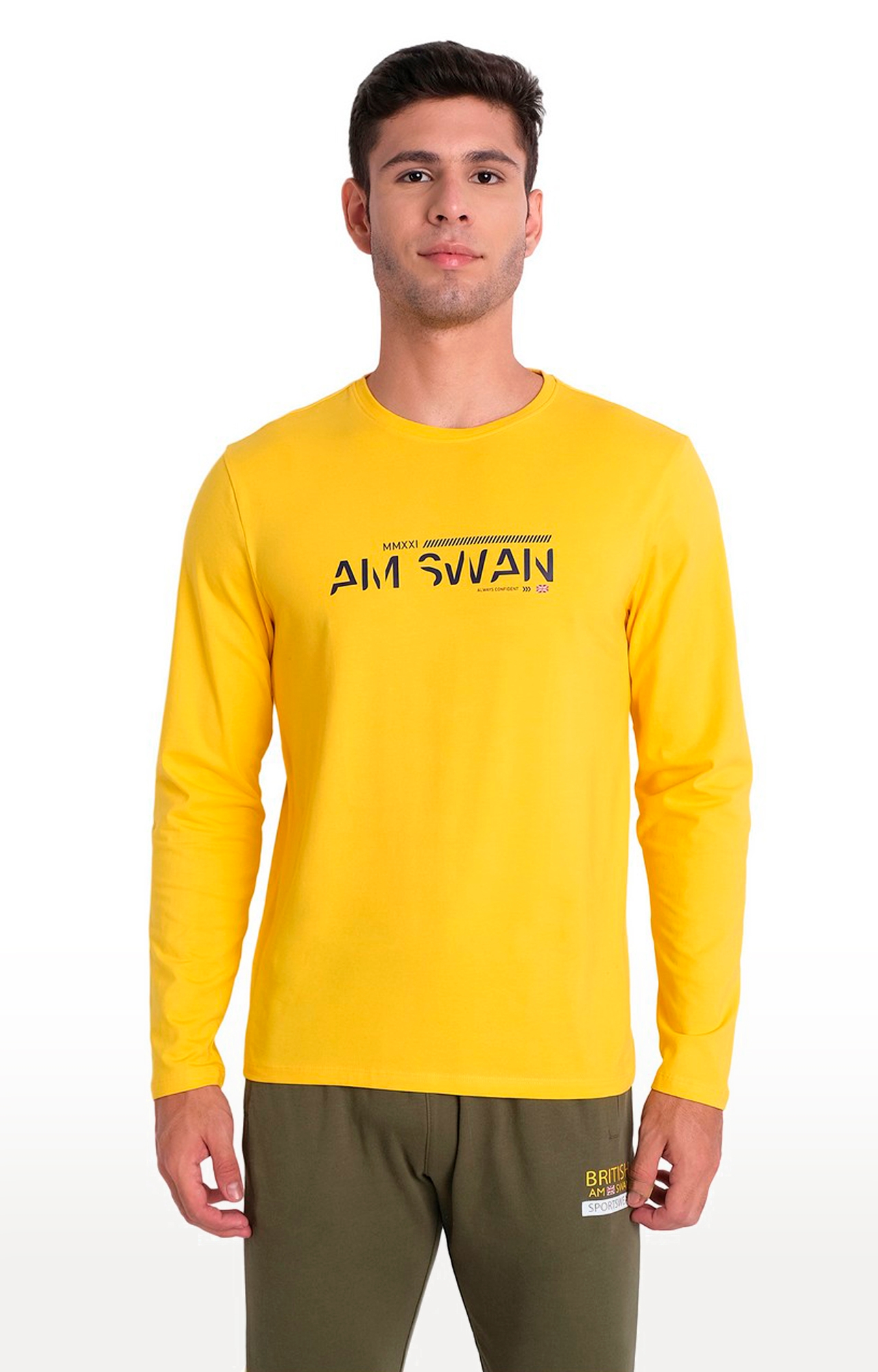 Am Swan | Men's Yellow Cotton Blend Typographic Printed Regular T-Shirt