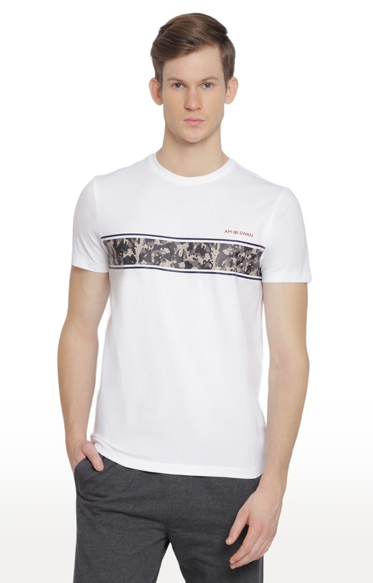 Am Swan | Men's White Cotton Blend Printed Regular T-Shirt