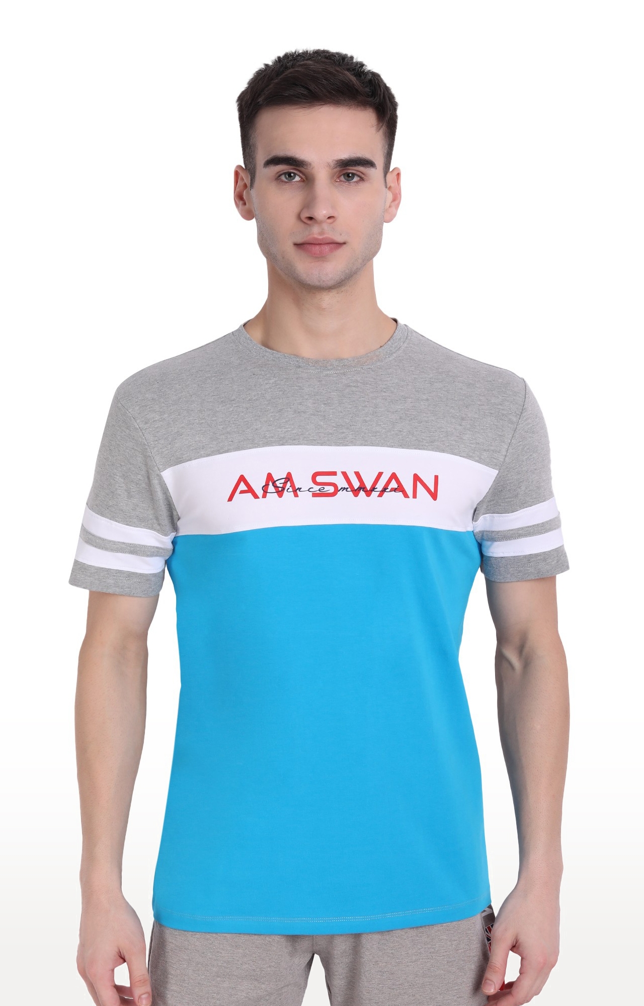 Am Swan | Men's Grey and Blue Cotton Blend Colourblock Regular T-Shirt