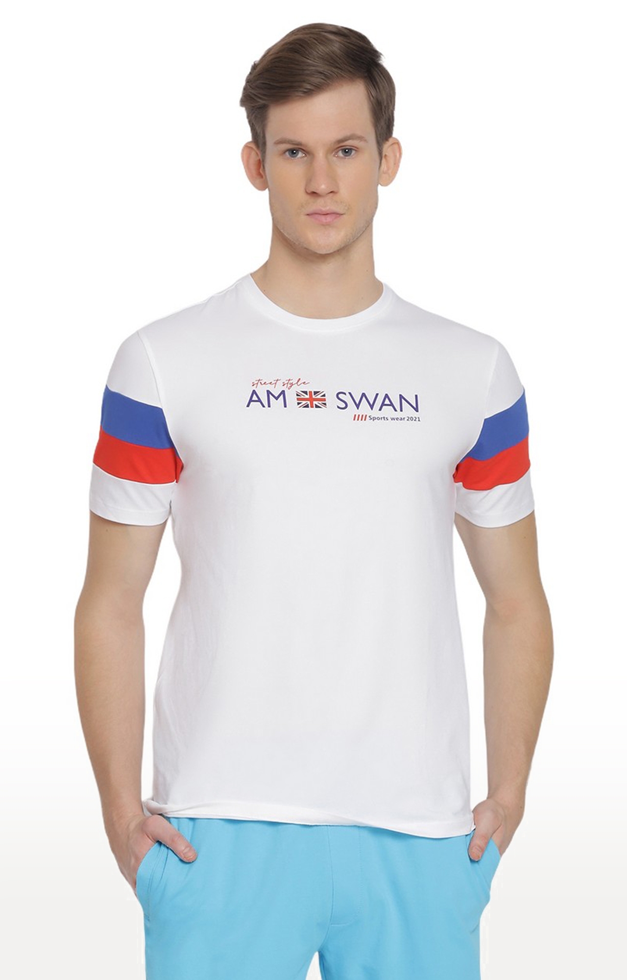 Am Swan | Men's White Cotton Blend Typographic Printed Regular T-Shirt