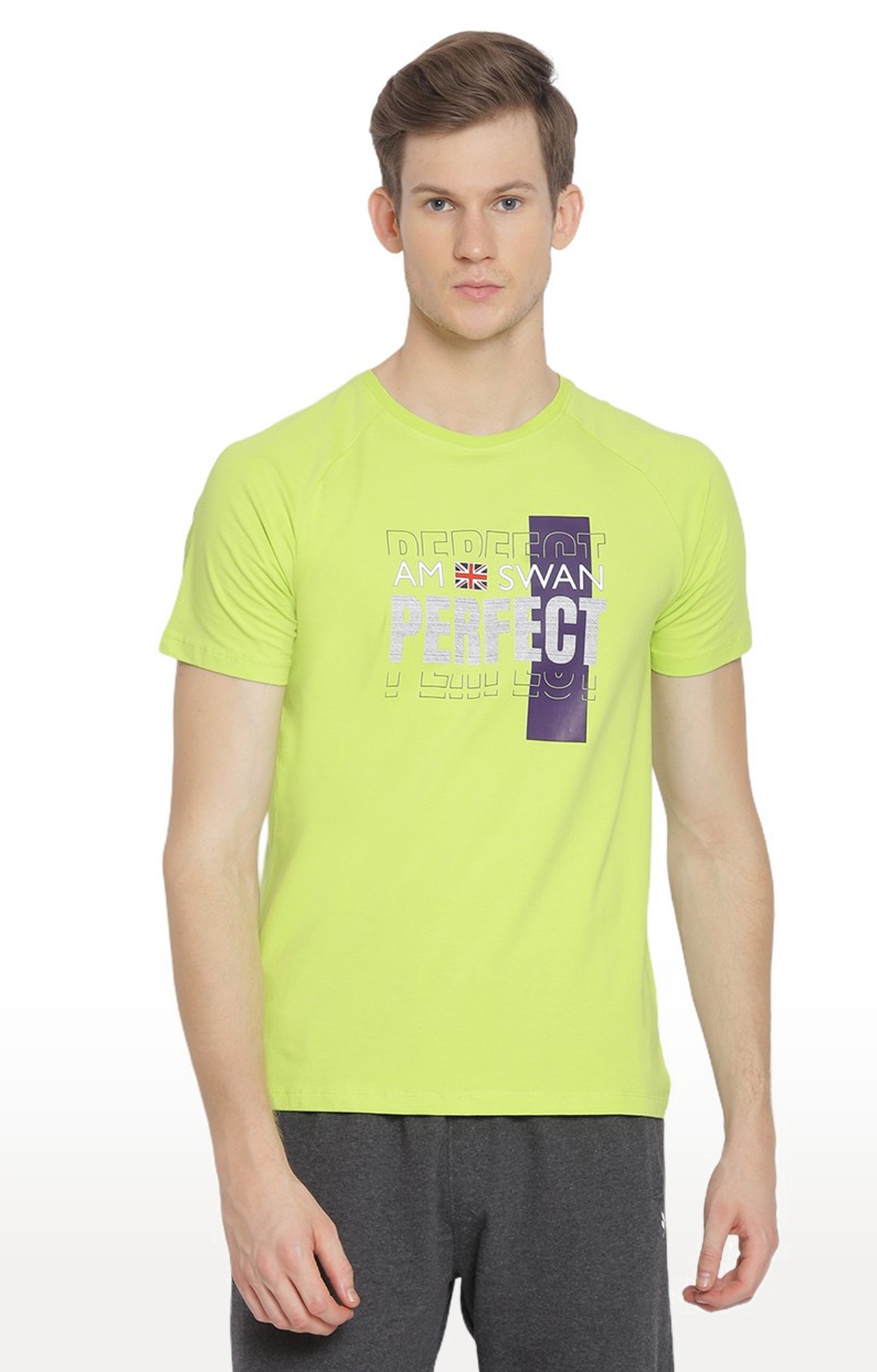Am Swan | Men's Green Cotton Blend Typographic Printed Regular T-Shirt