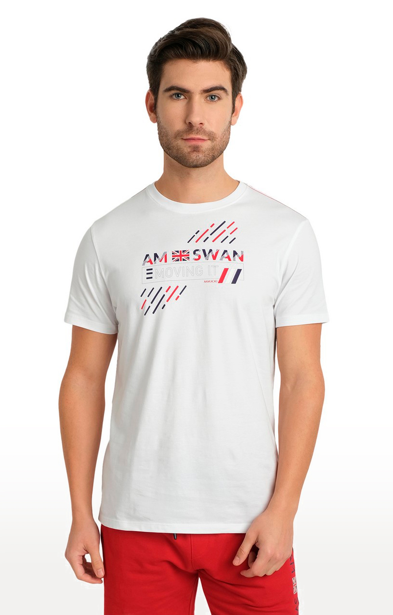 Am Swan | Men's White Cotton Blend Printed Regular T-Shirt