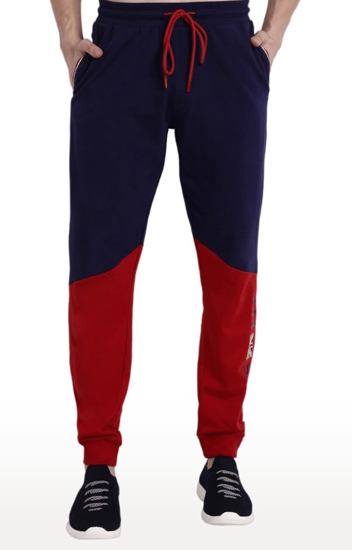 Men's Red and Blue Cotton Colourblock Activewear Jogger