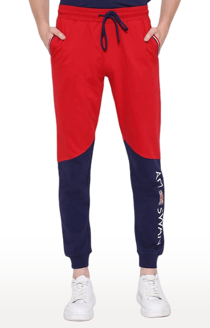 Men's Blue and Red Cotton Melange Textured Activewear Jogger