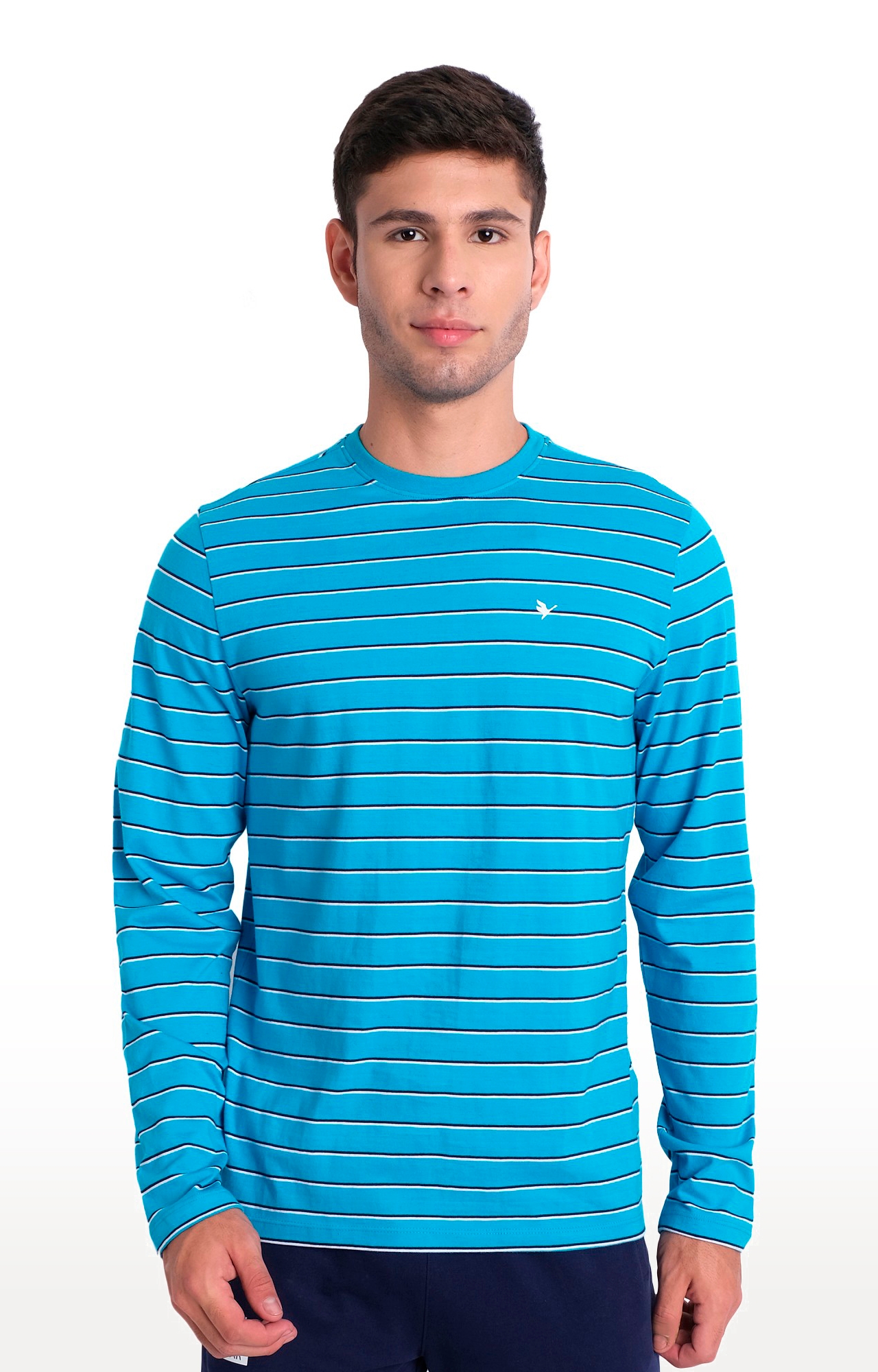Am Swan | Men's Blue Cotton Striped Regular T-Shirt
