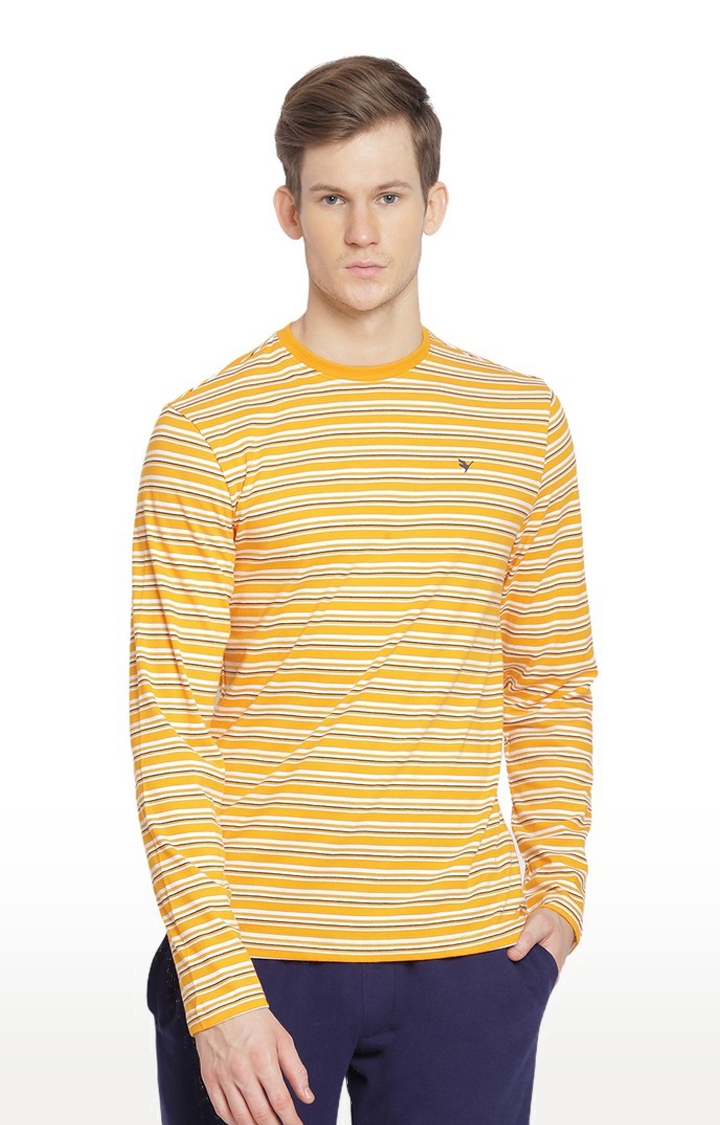 Am Swan | Men's Yellow Cotton Striped Regular T-Shirt
