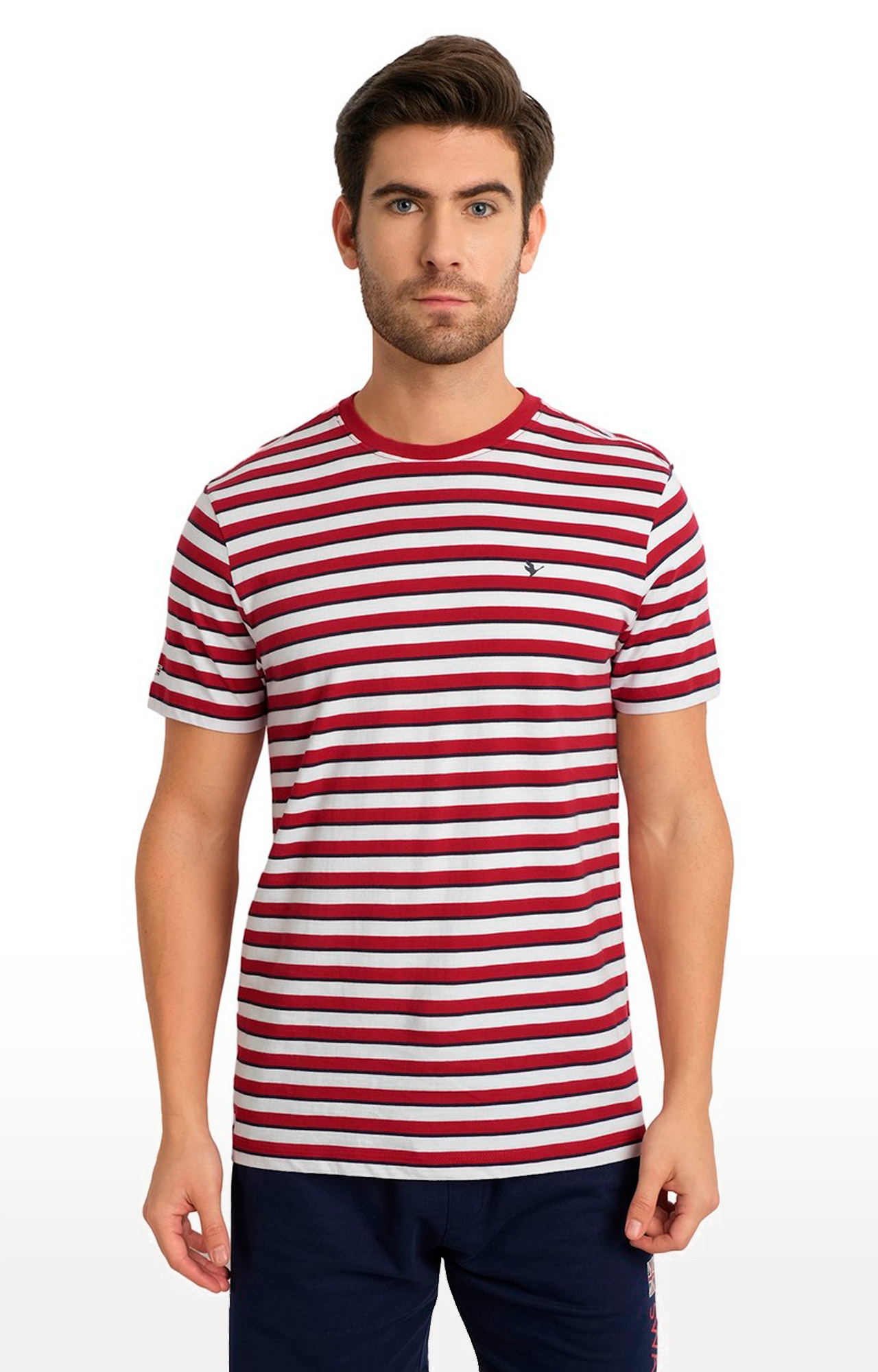 Am Swan | Men's Red Cotton Striped Regular T-Shirt