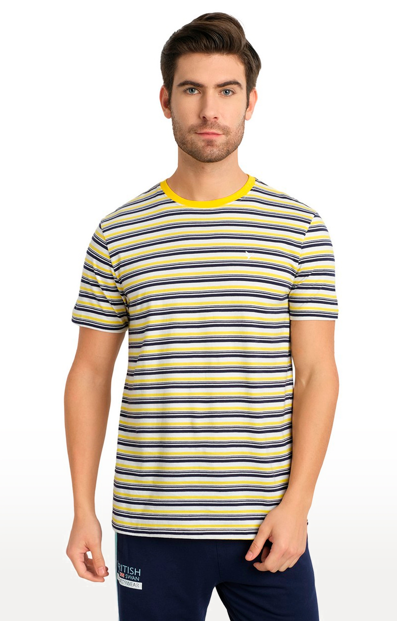 Am Swan | Men's Yellow and Blue Cotton Striped Regular T-Shirt