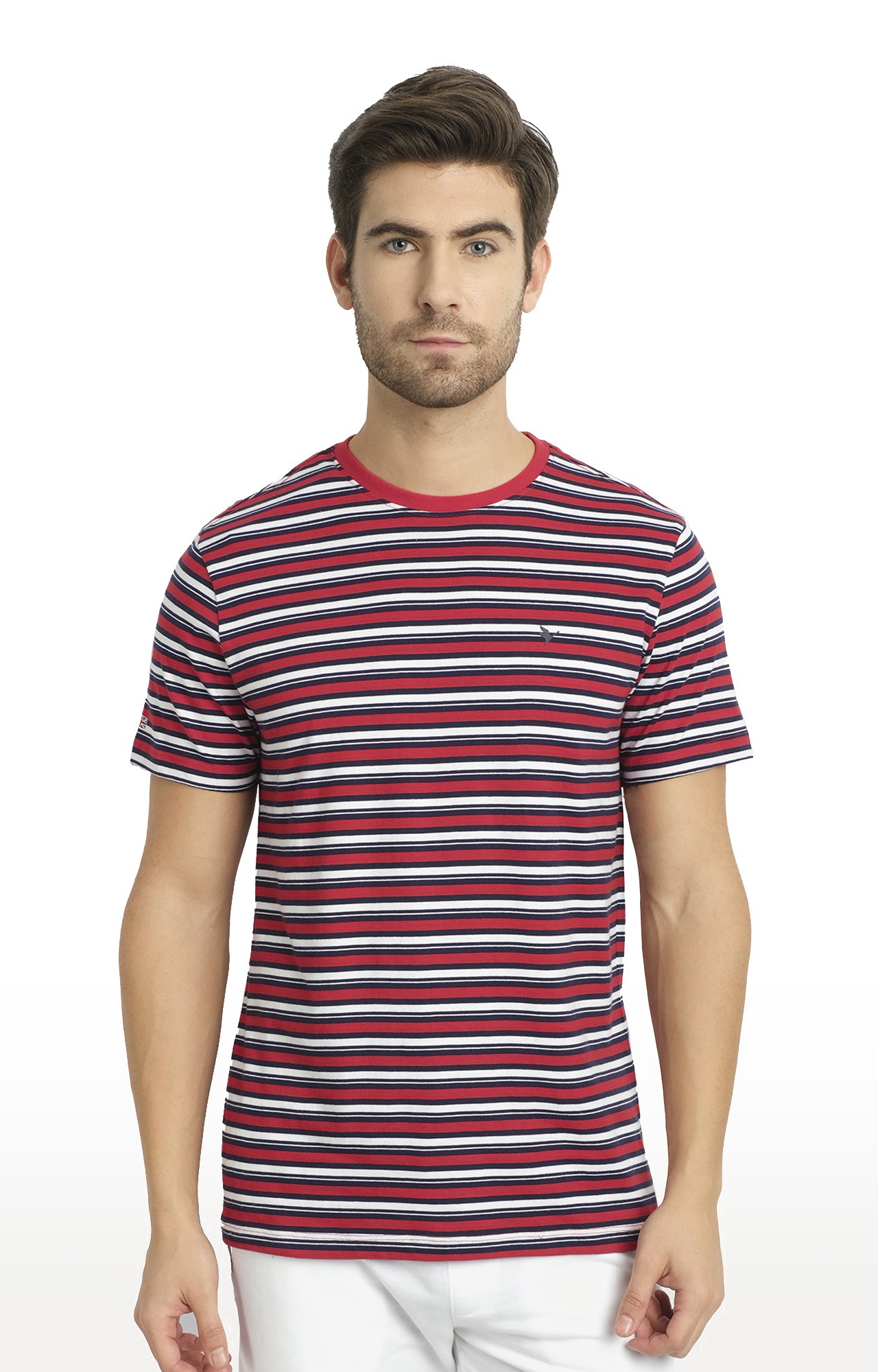 Am Swan | Men's Red and White Cotton Striped Regular T-Shirt
