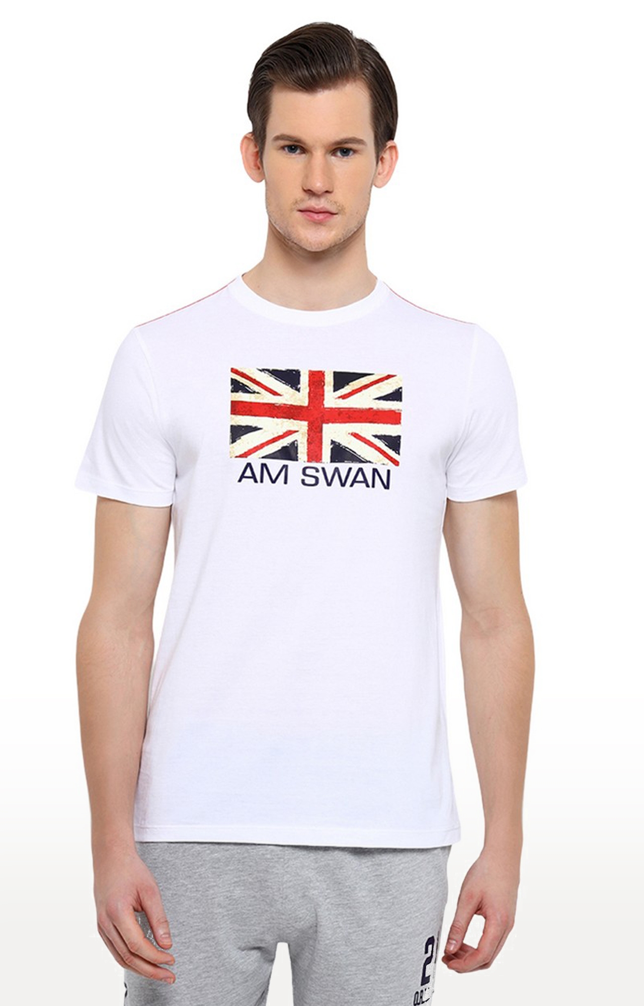 Am Swan | Men's White Cotton Printed Regular T-Shirt