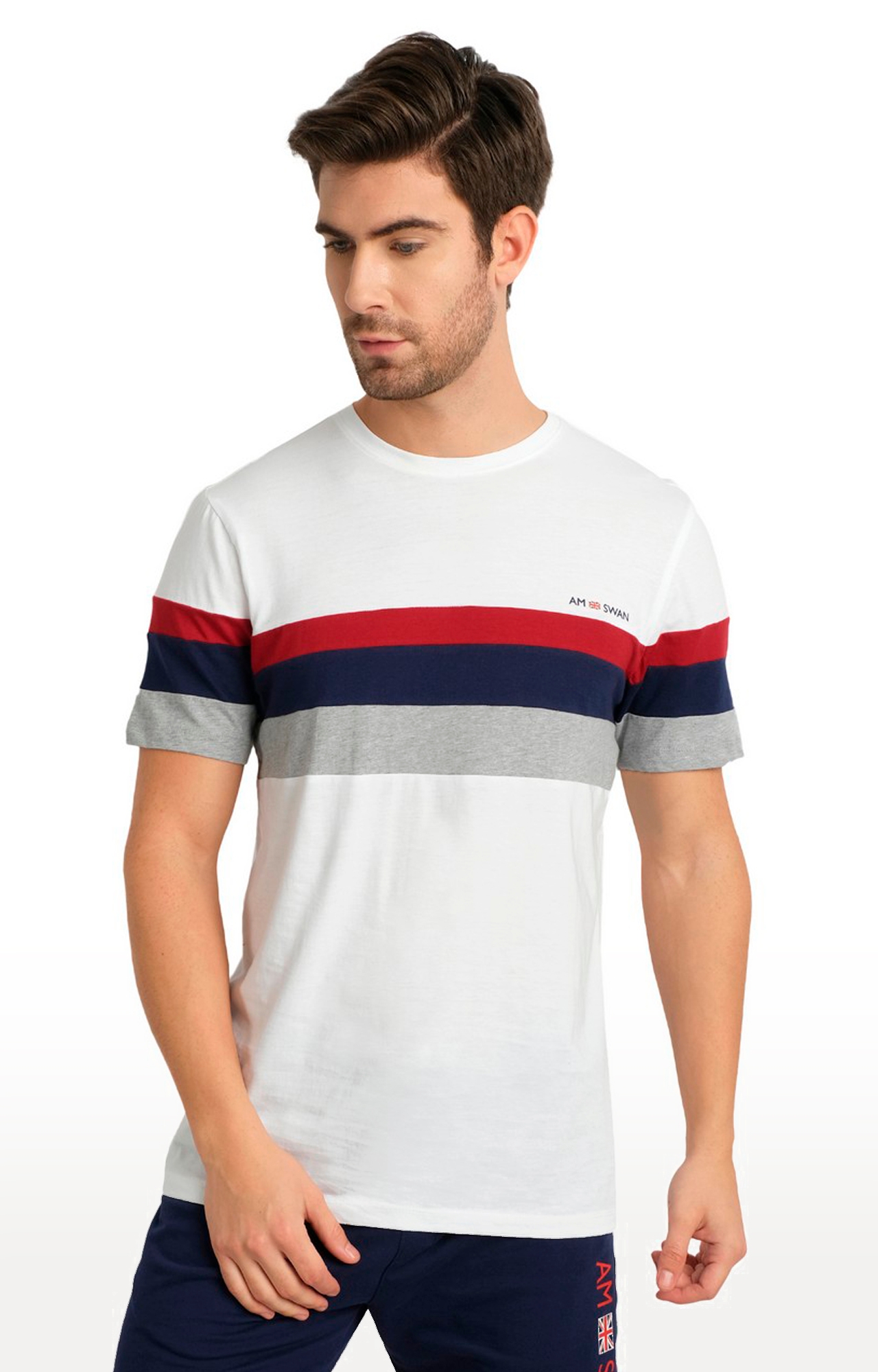 Am Swan | Men's White Cotton Striped Regular T-Shirt
