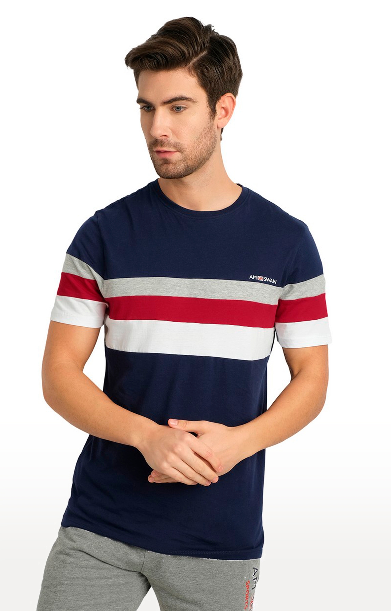 Am Swan | Men's Blue Cotton Striped Regular T-Shirt