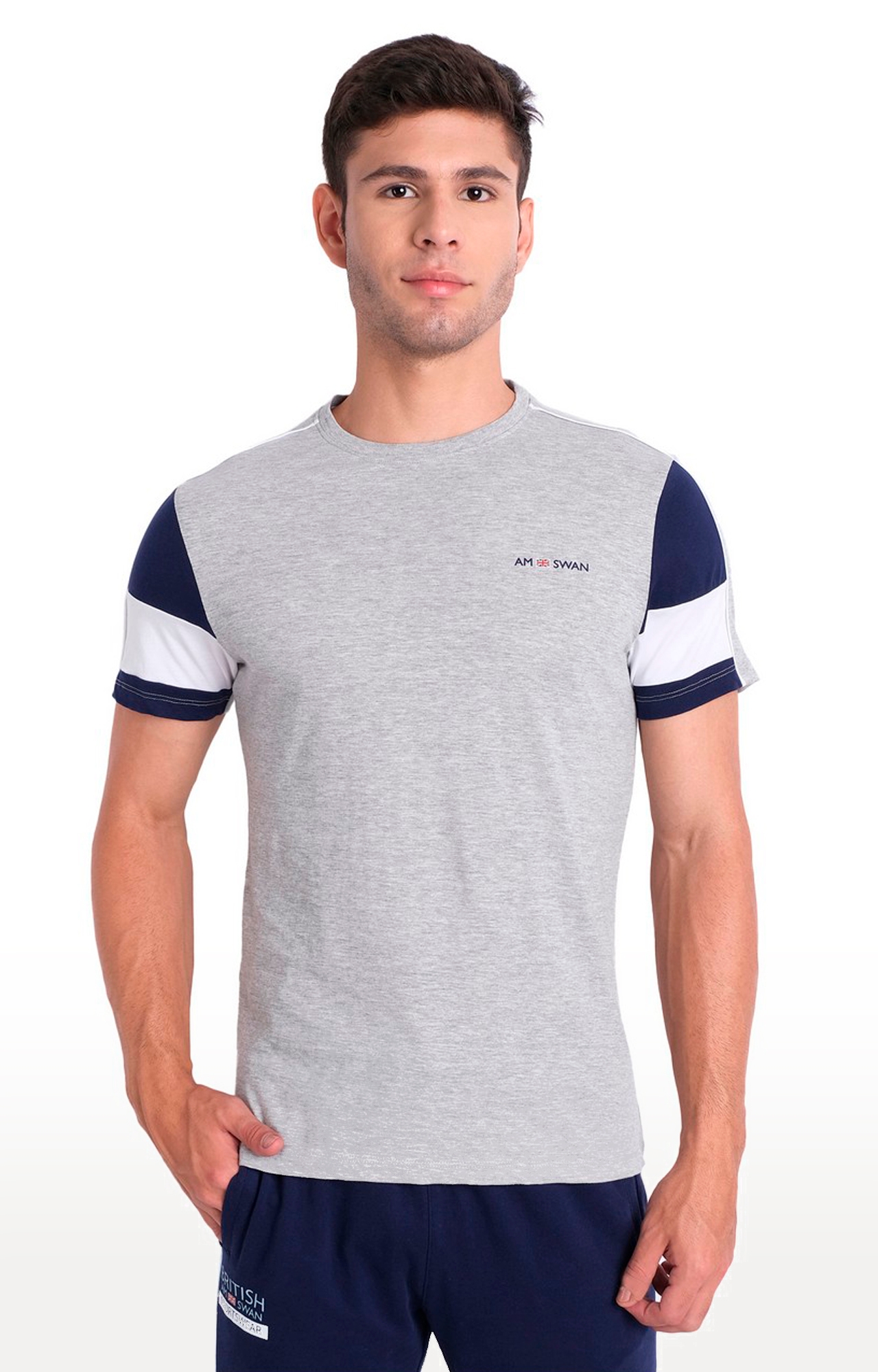 Am Swan | Men's Grey Cotton Melange Textured Regular T-Shirt