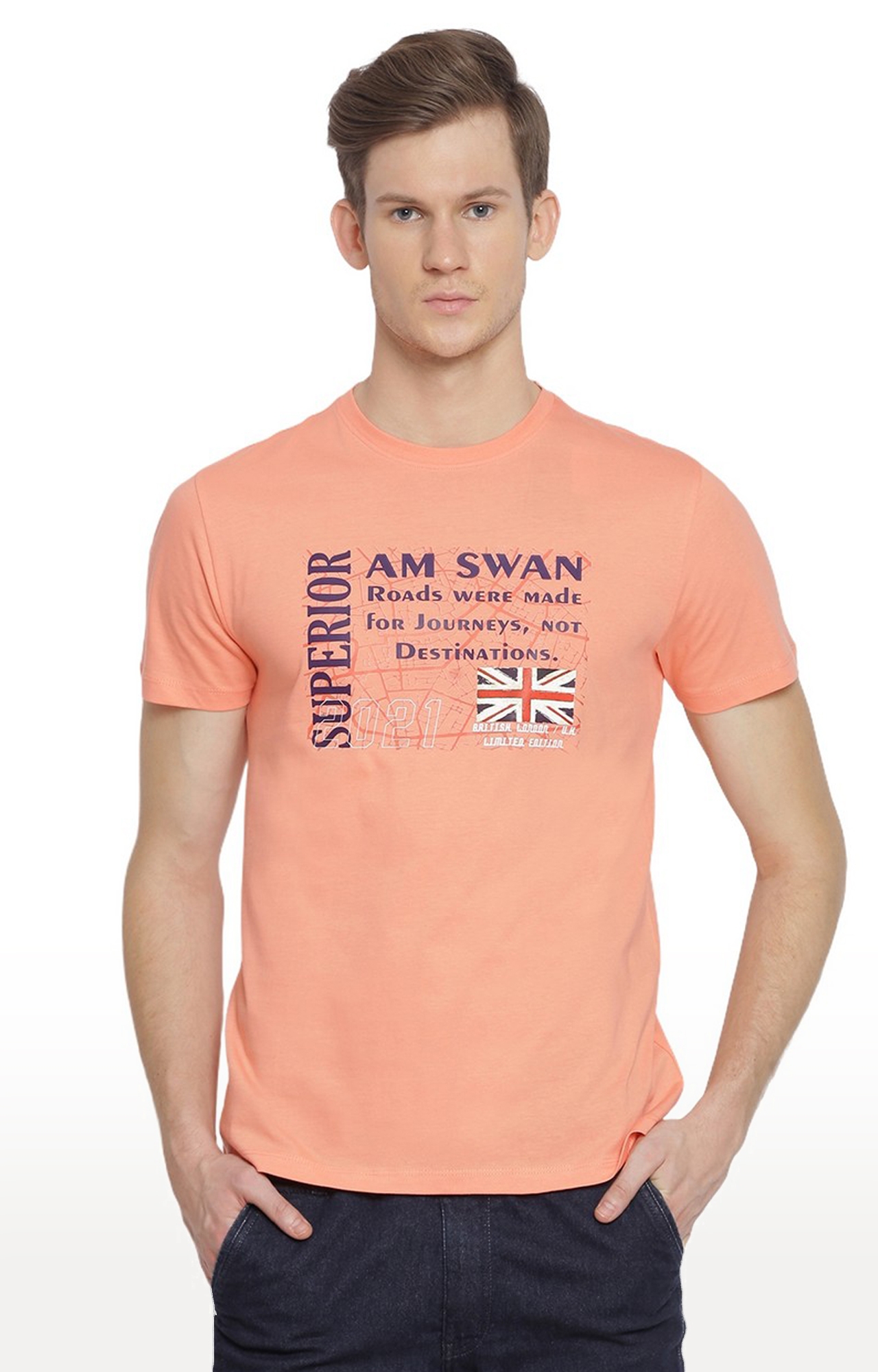 Men's Peach Orange Cotton Typographic Printed Regular T-Shirt