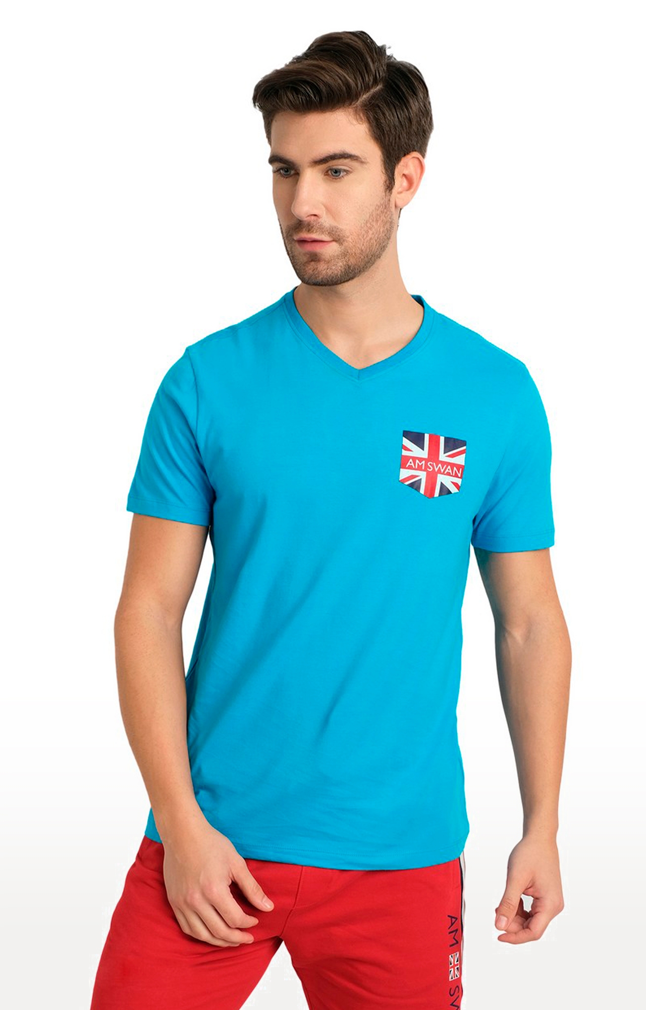 Am Swan | Men's Blue Cotton Solid Regular T-Shirt