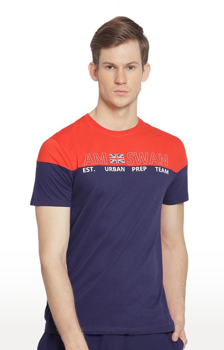 Men's Navy and Red Cotton Colourblock Regular T-Shirt