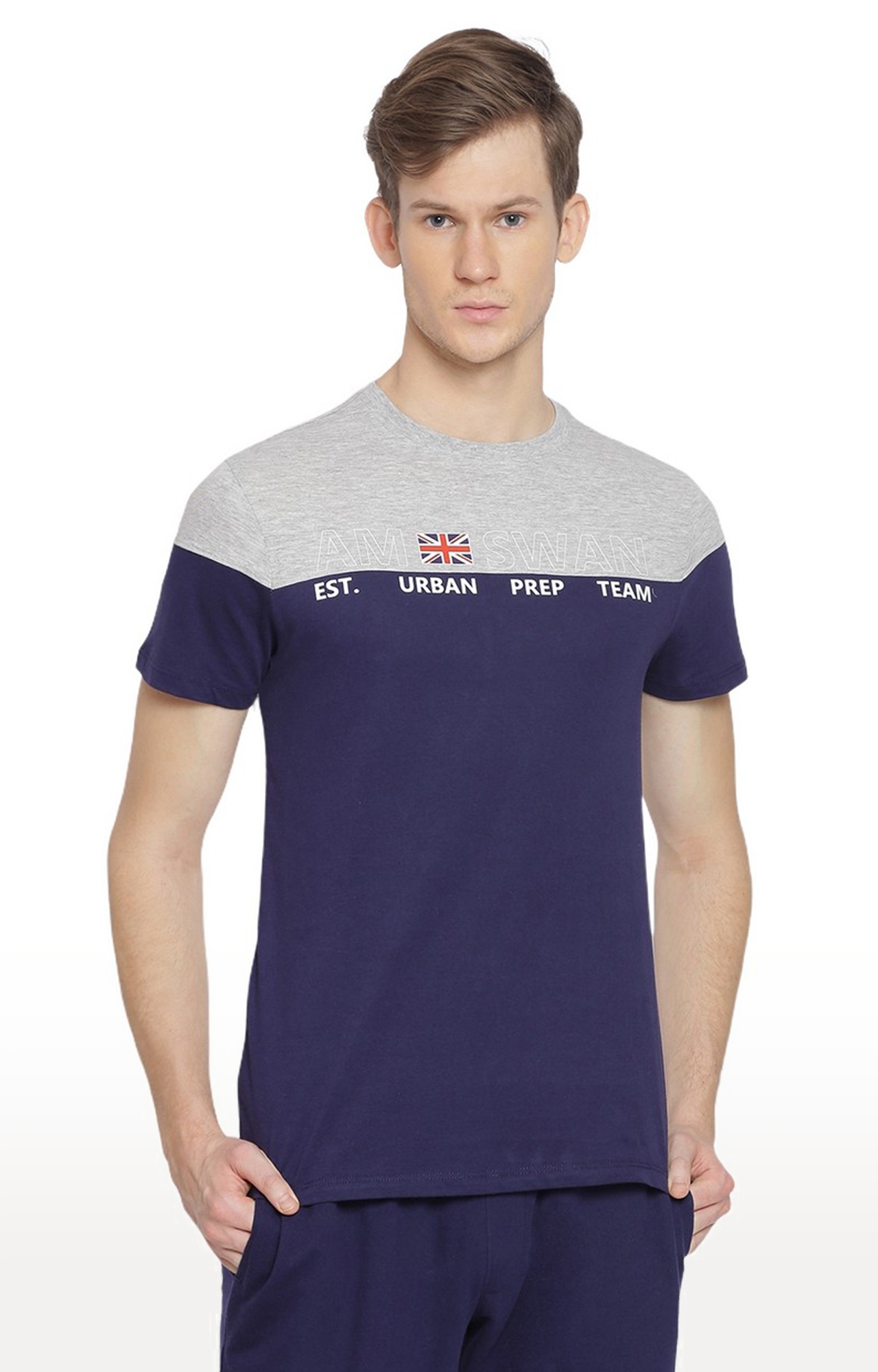 Men's Blue and Grey Cotton Colourblock Regular T-Shirt