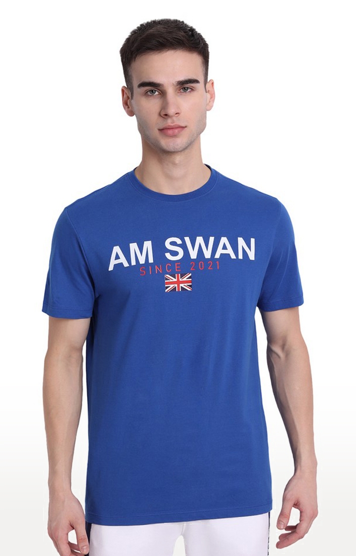 Am Swan | Men's Blue Cotton Typographic Printed Regular T-Shirt