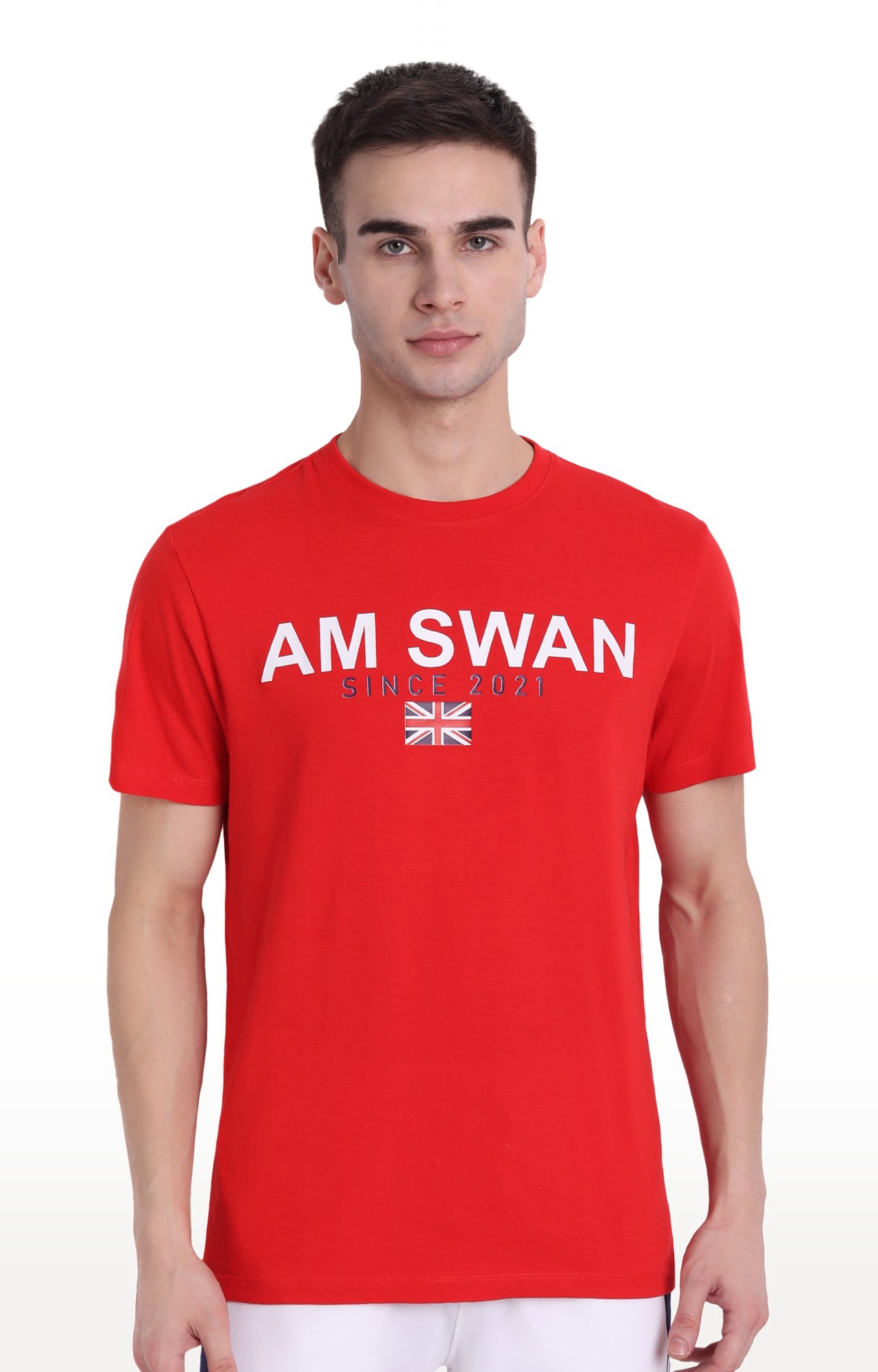 Am Swan | Men's Red Cotton Typographic Printed Regular T-Shirt
