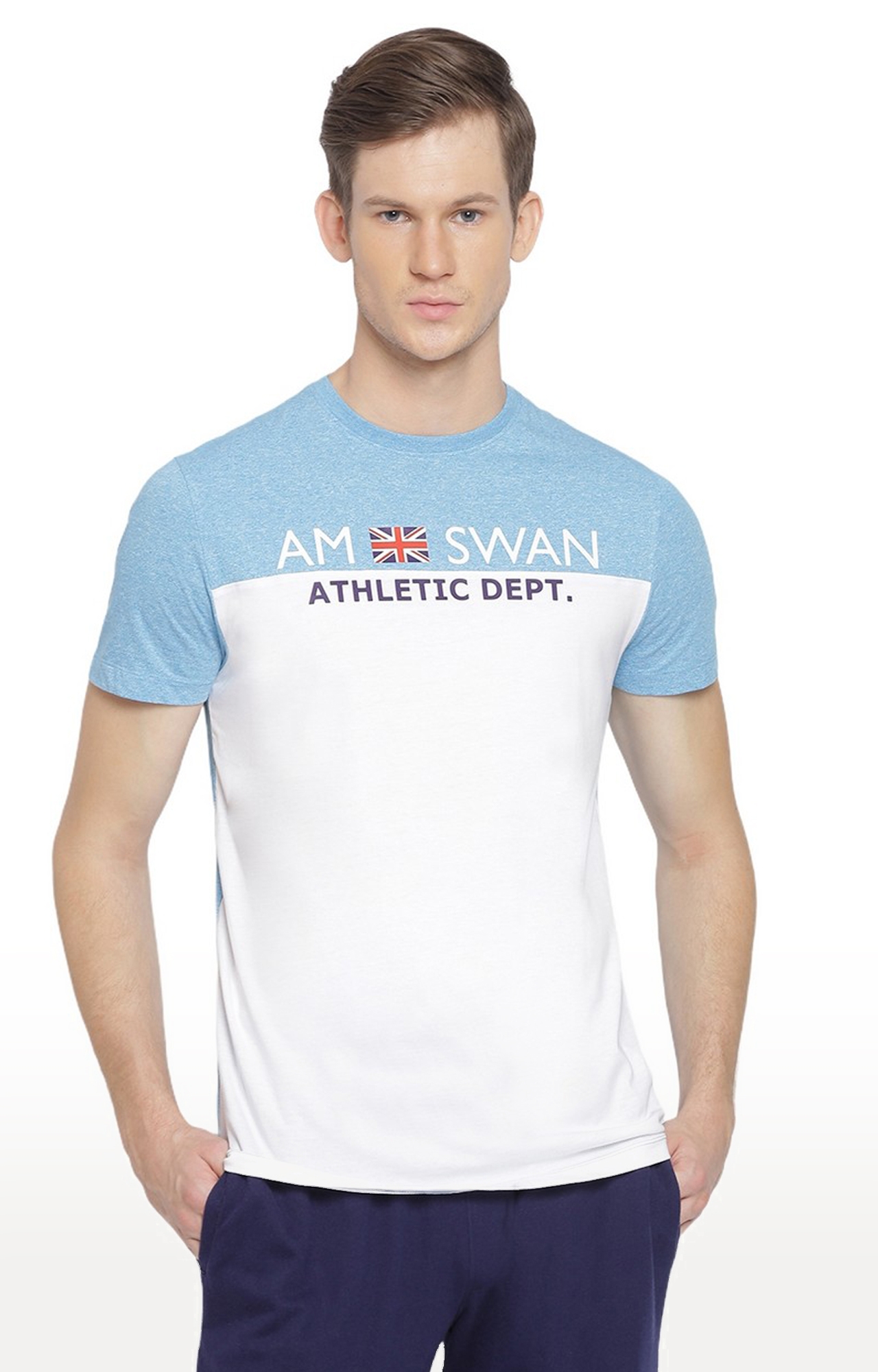 Men's White and Blue Cotton Colourblock Regular T-Shirt