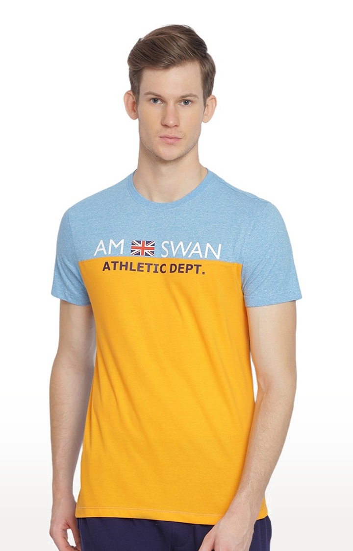 Men's Yellow and Blue Cotton Colourblock Regular T-Shirt