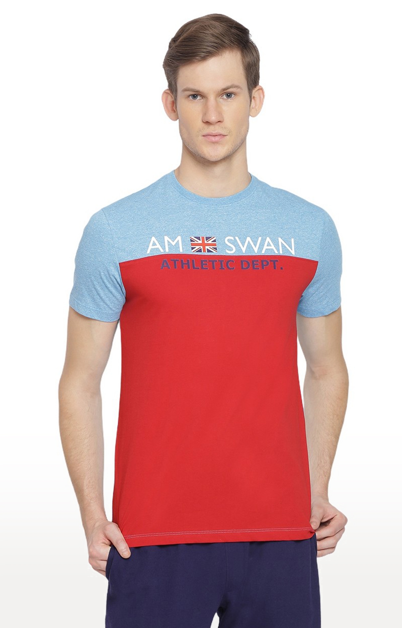 Am Swan | Men's Red and Blue Cotton Colourblock Regular T-Shirt
