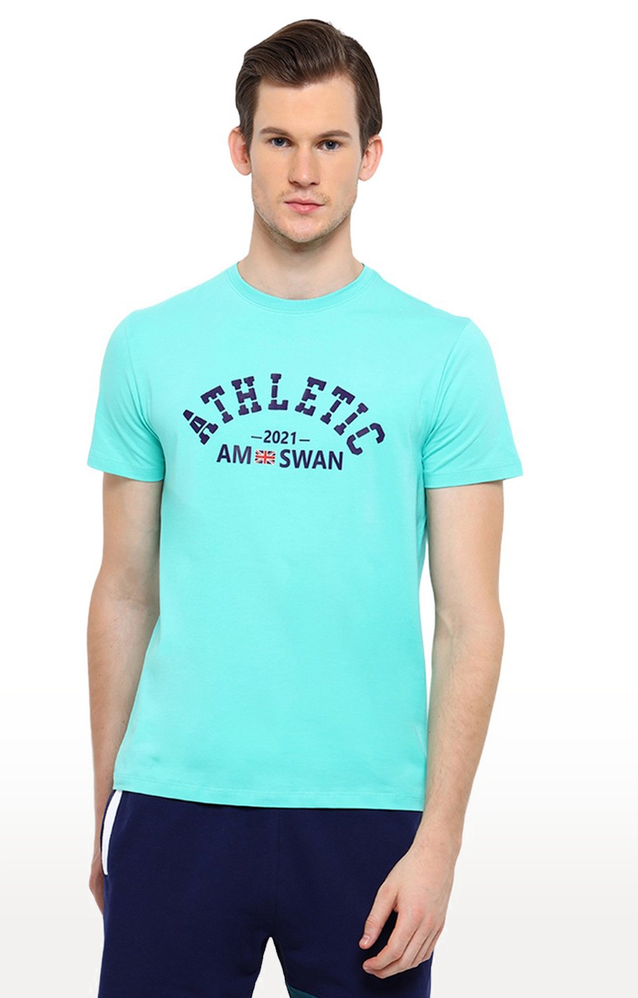 Am Swan | Men's Blue Cotton Typographic Printed Regular T-Shirt