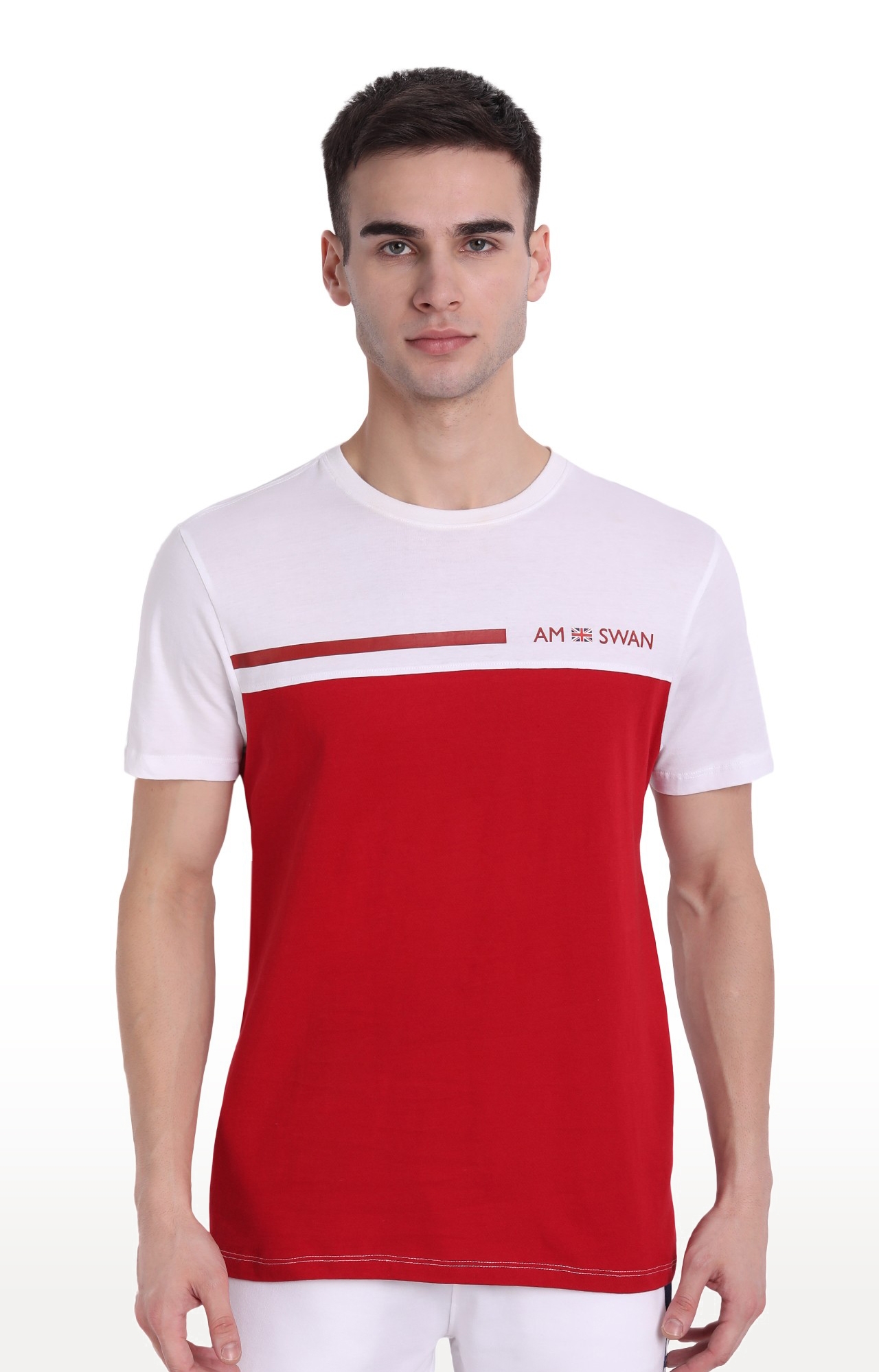 Am Swan | Men's Red and White Cotton Colourblock Regular T-Shirt
