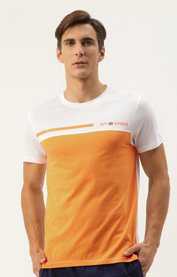 Am Swan | Men's Orange and White Cotton Colourblock Regular T-Shirt