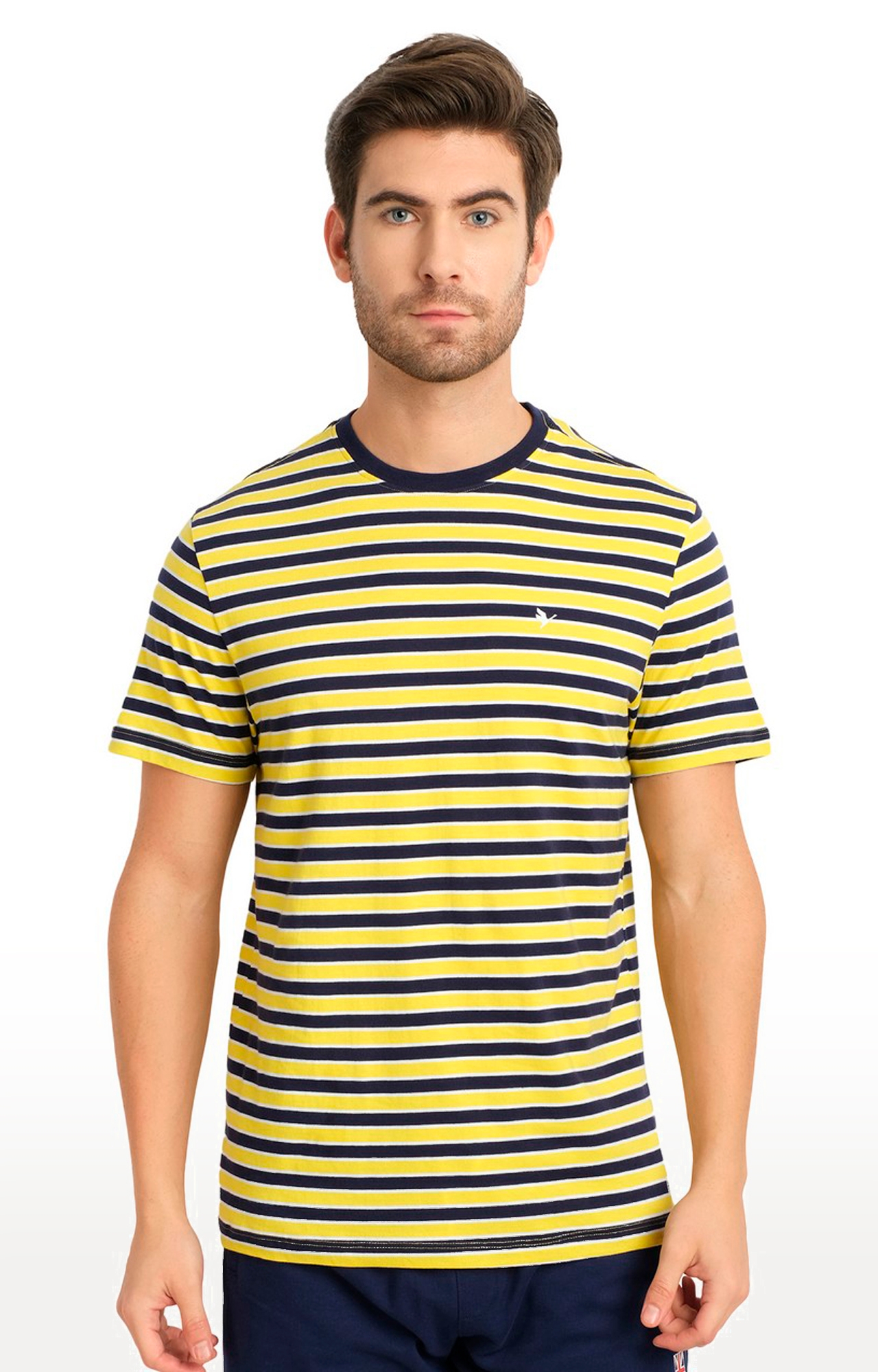 Am Swan | Men's Yellow Cotton Striped Regular T-Shirt