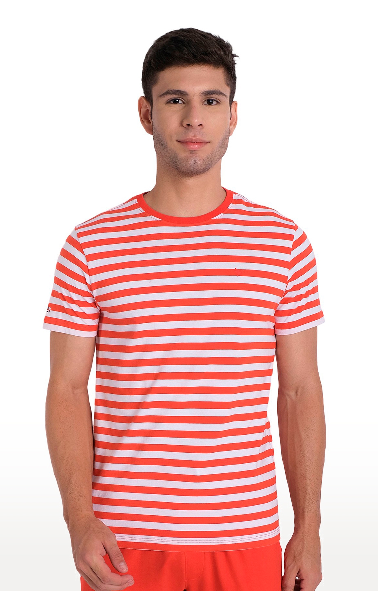Am Swan | Men's Red and White Cotton Striped Regular T-Shirt