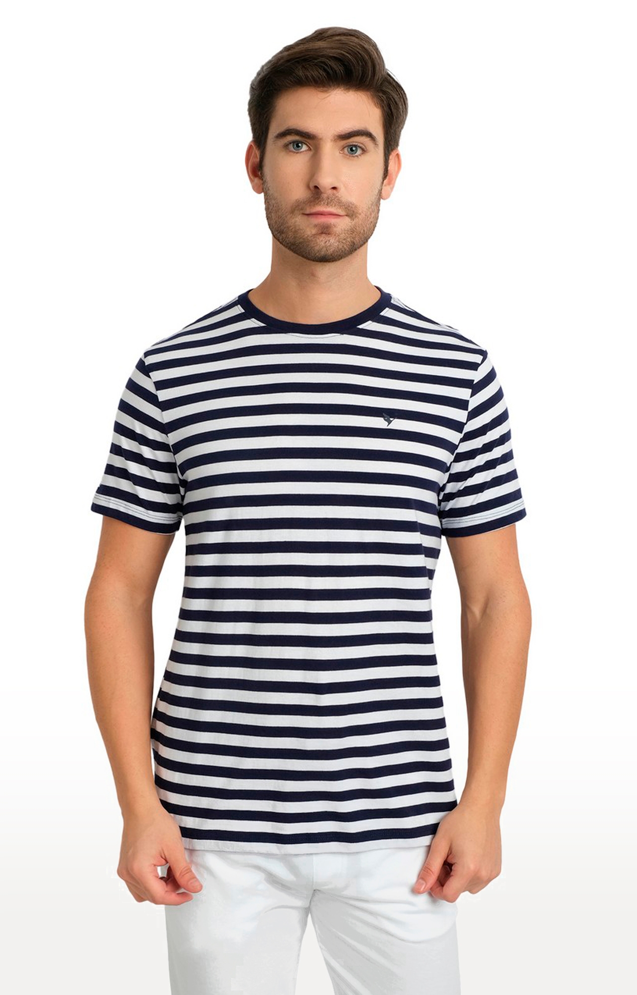 Am Swan | Men's Blue and White Cotton Striped Regular T-Shirt