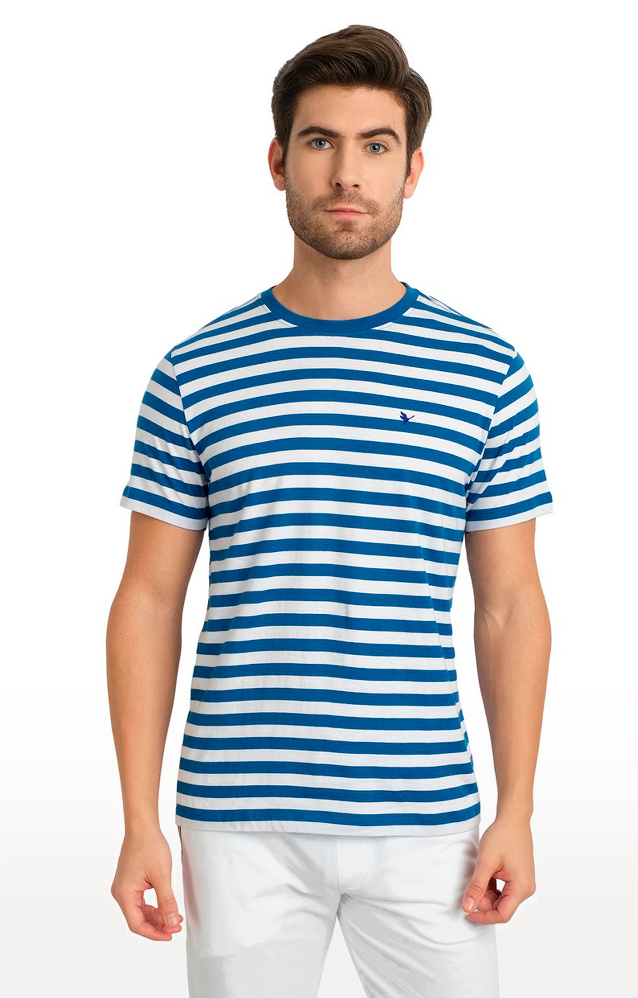 Men's Blue and White Cotton Striped Regular T-Shirt