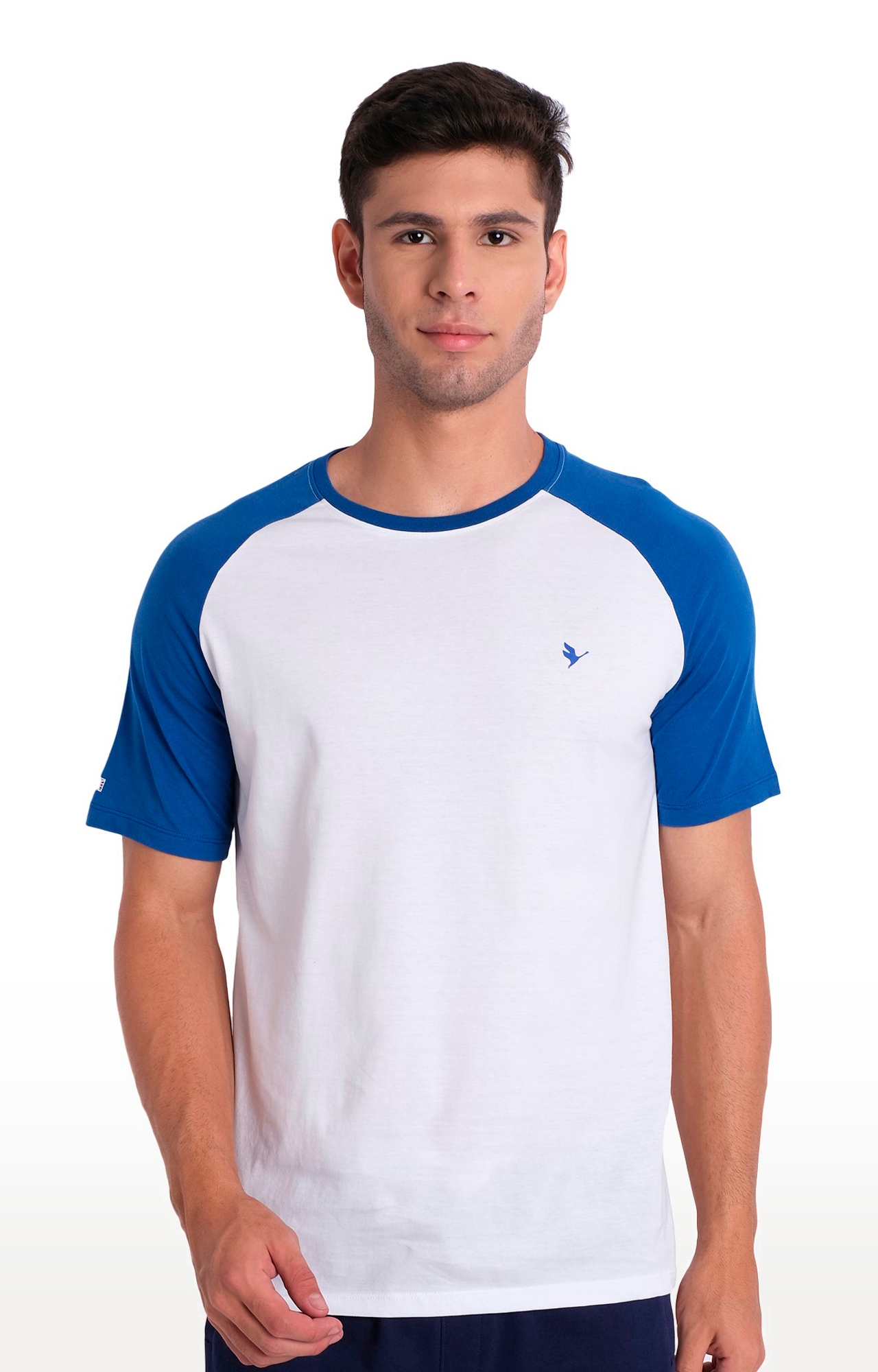 Men's White and Blue Cotton Solid Regular T-Shirt