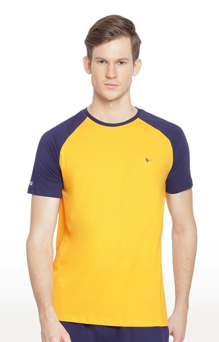 Men's Yellow and Blue Cotton Solid Regular T-Shirt