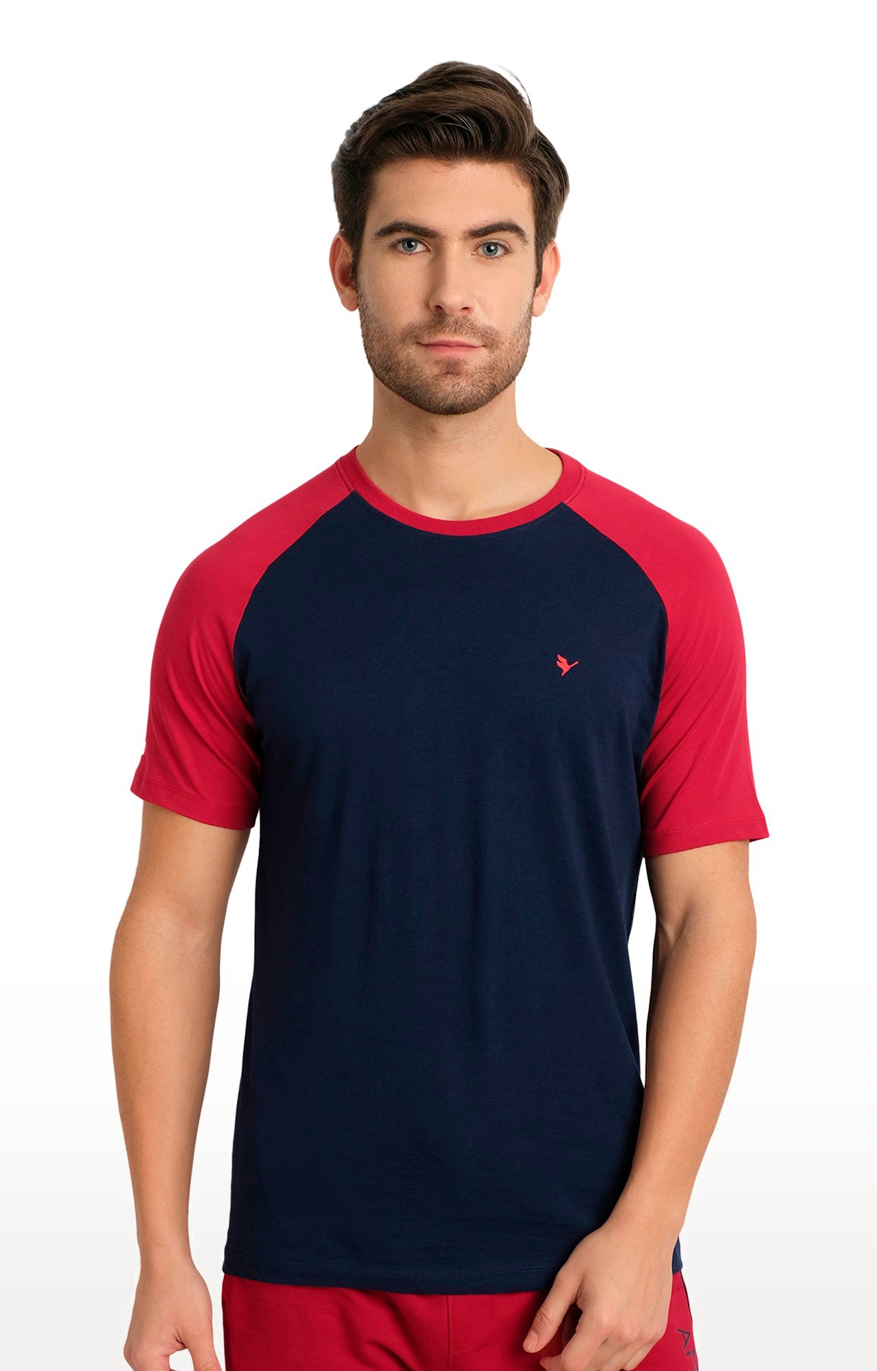 Men's Blue and Red Cotton Solid Regular T-Shirt
