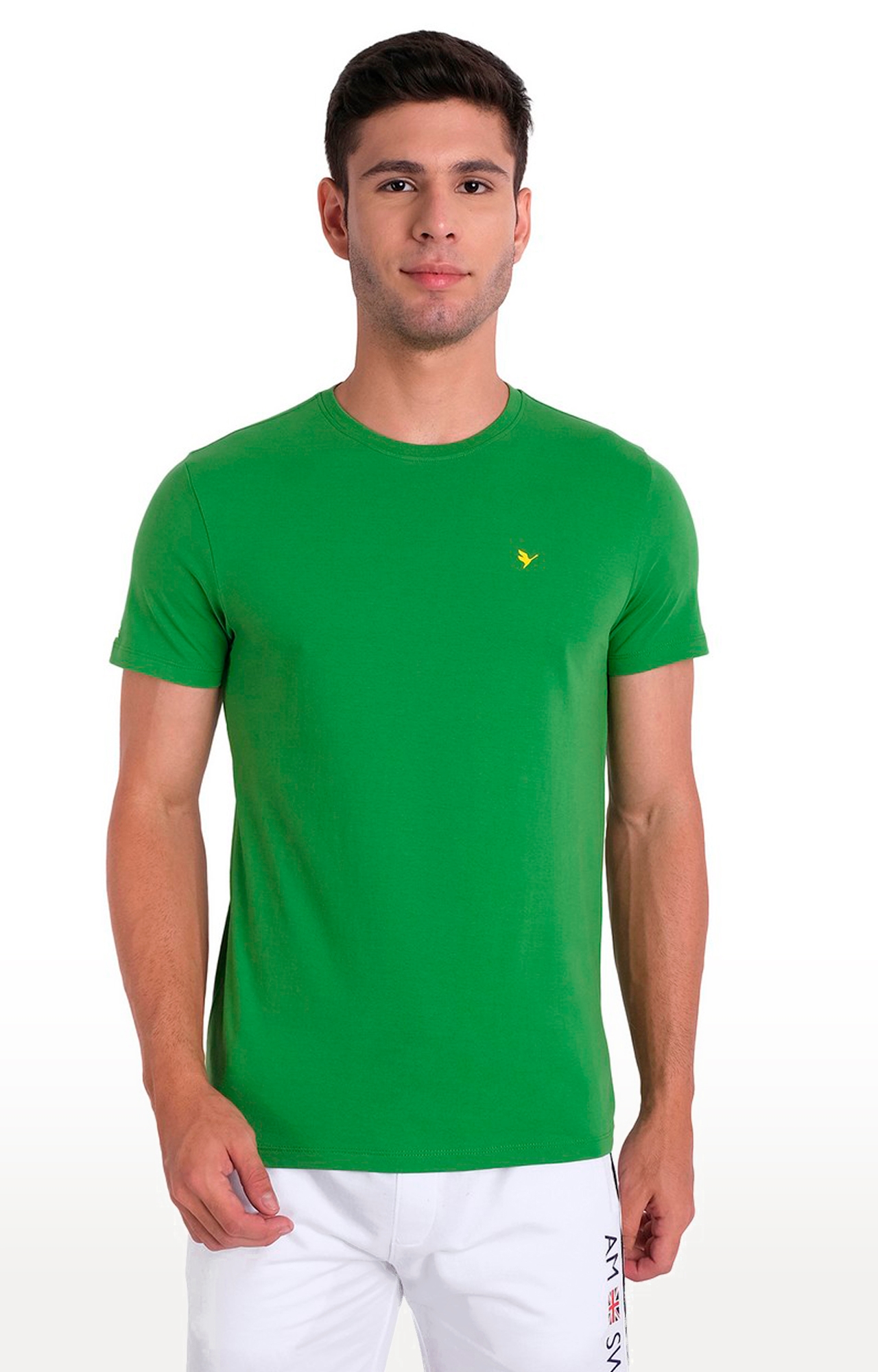 Am Swan | Men's Green Cotton Solid Regular T-Shirt